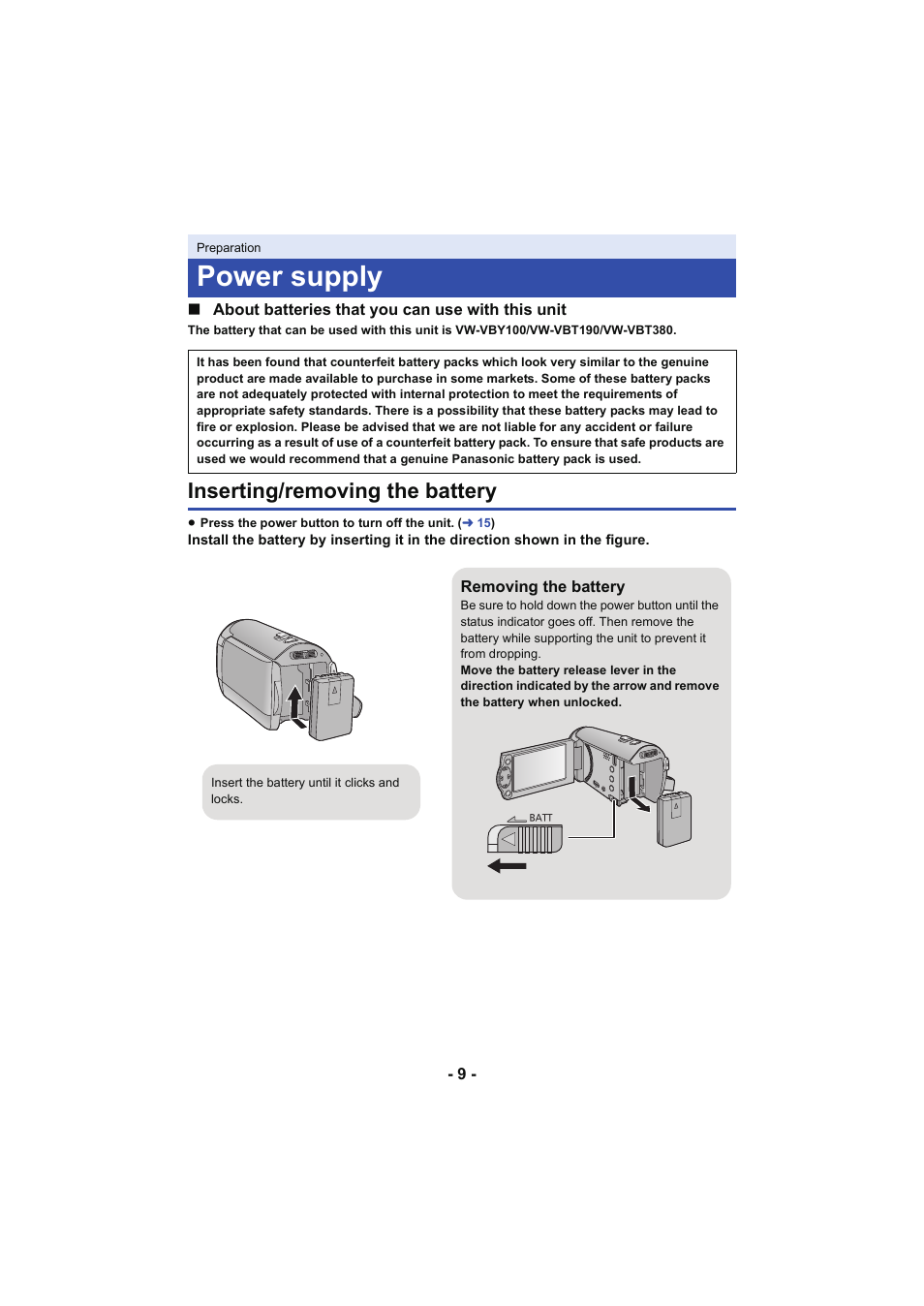 Power supply, Inserting/removing the battery | Panasonic HC-V130K User Manual | Page 9 / 100