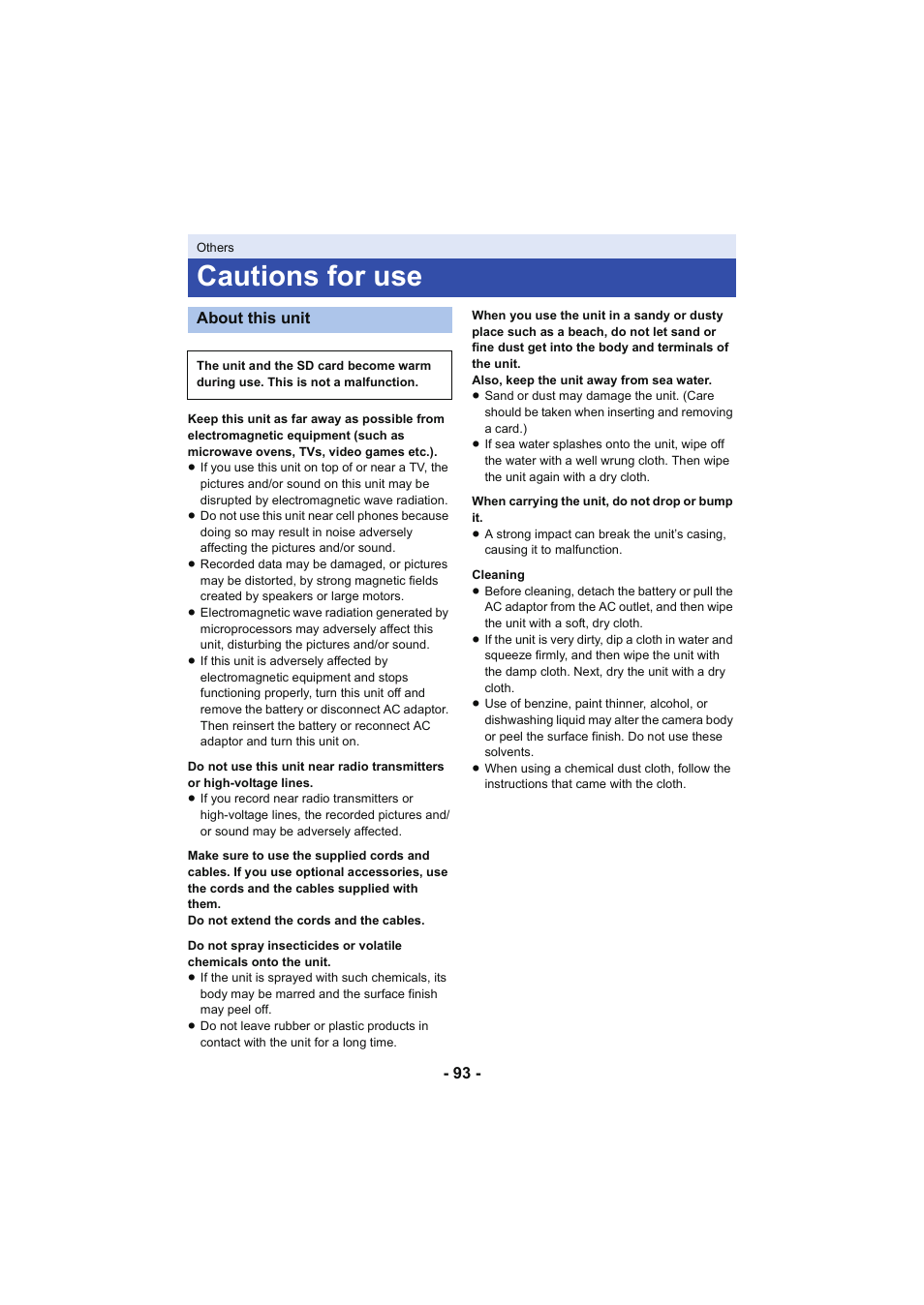 Cautions for use | Panasonic HC-V130K User Manual | Page 93 / 100