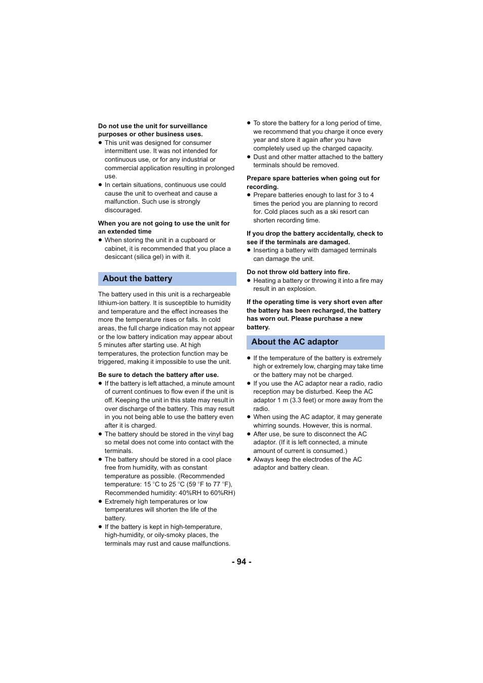 About the battery about the ac adaptor | Panasonic HC-V130K User Manual | Page 94 / 100