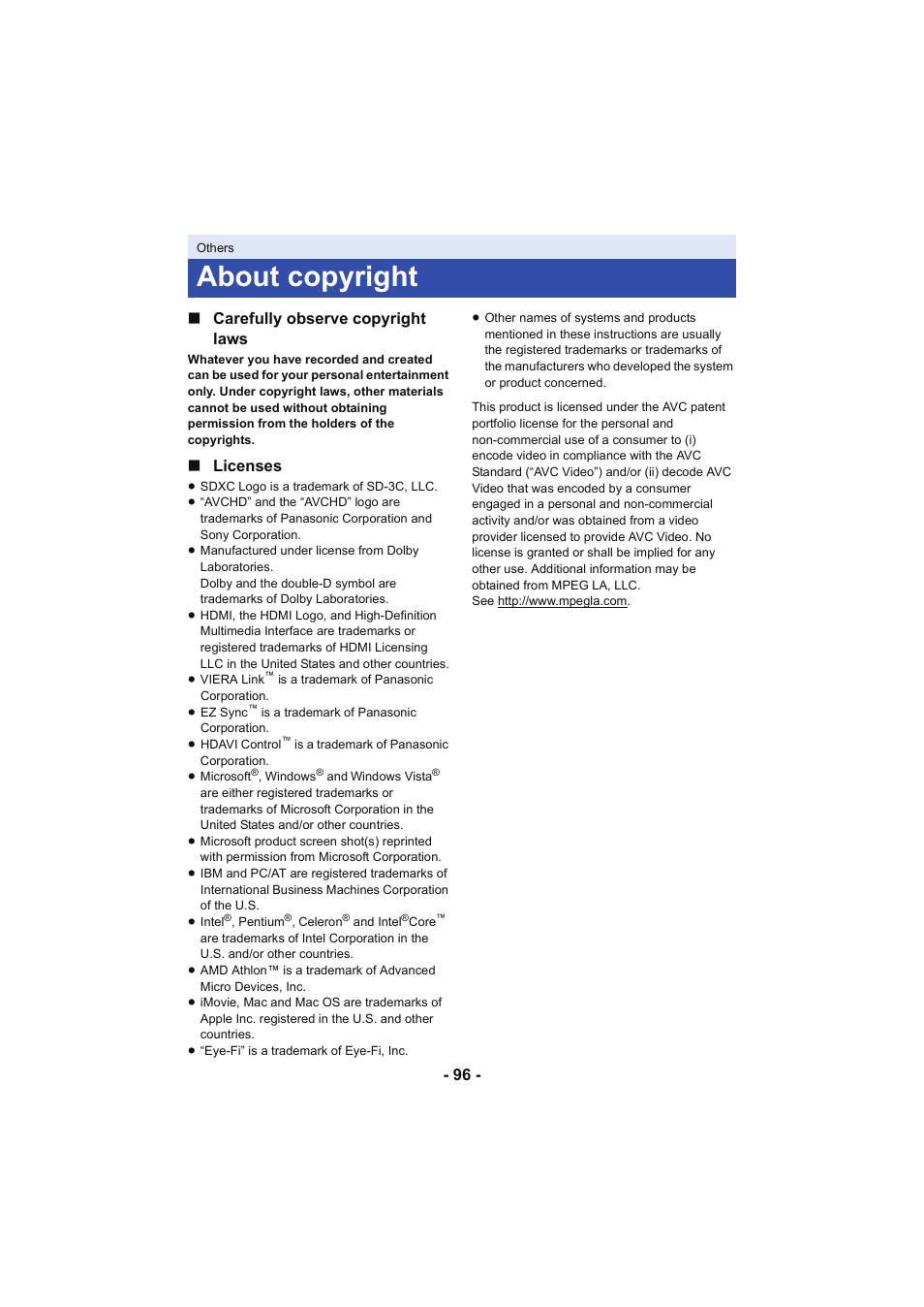 About copyright, 96 - ∫ carefully observe copyright laws, Licenses | Panasonic HC-V130K User Manual | Page 96 / 100