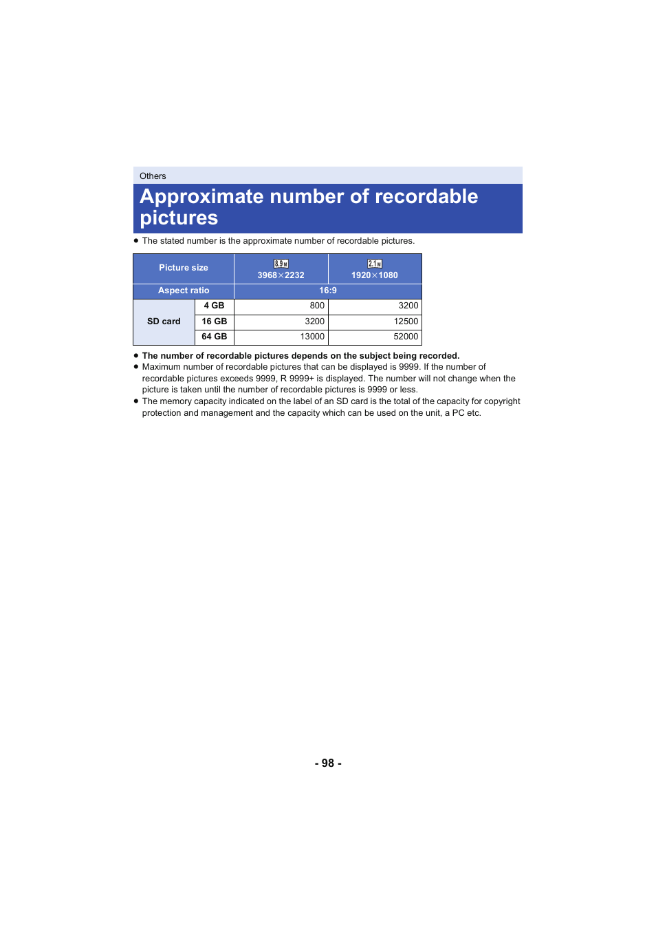 Approximate number of recordable pictures | Panasonic HC-V130K User Manual | Page 98 / 100