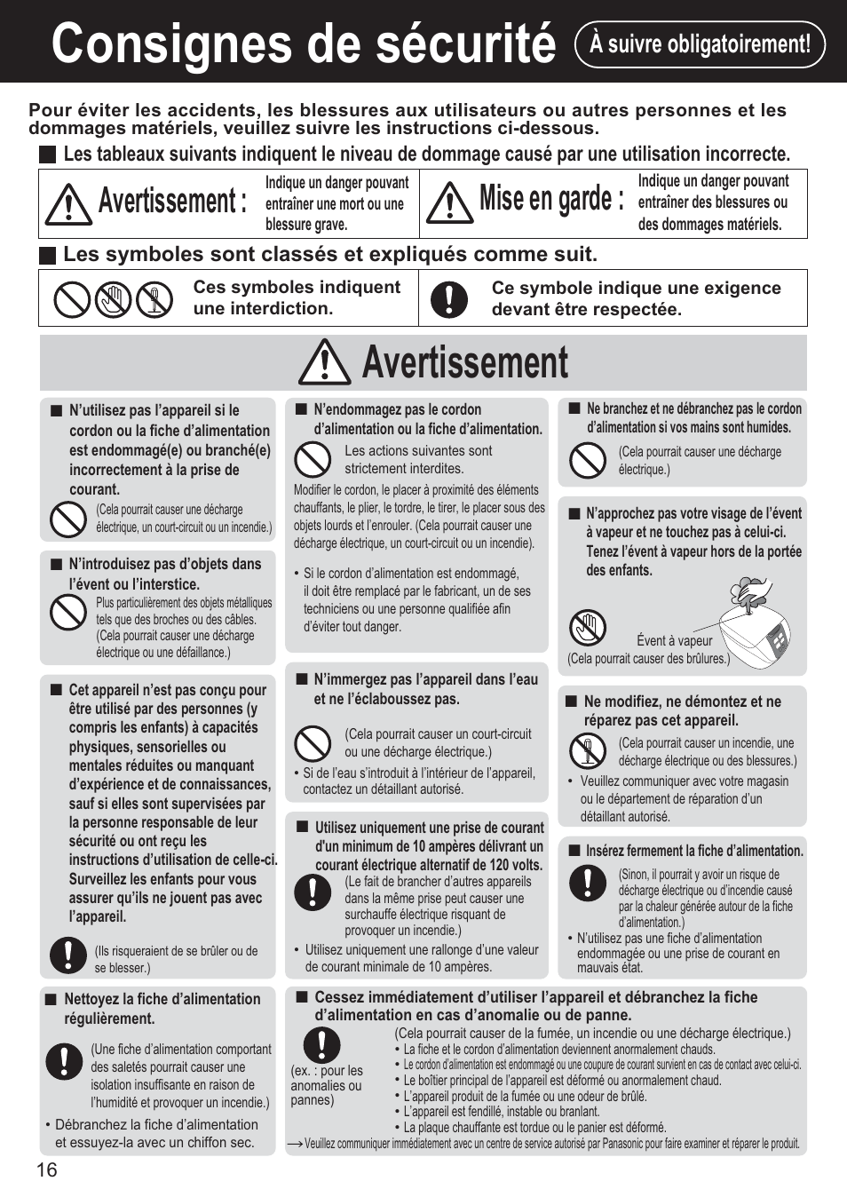 Consignes de sécurité, Avertissement, Avertissement : mise en garde | À suivre obligatoirement | Panasonic SR-DF181 User Manual | Page 16 / 68