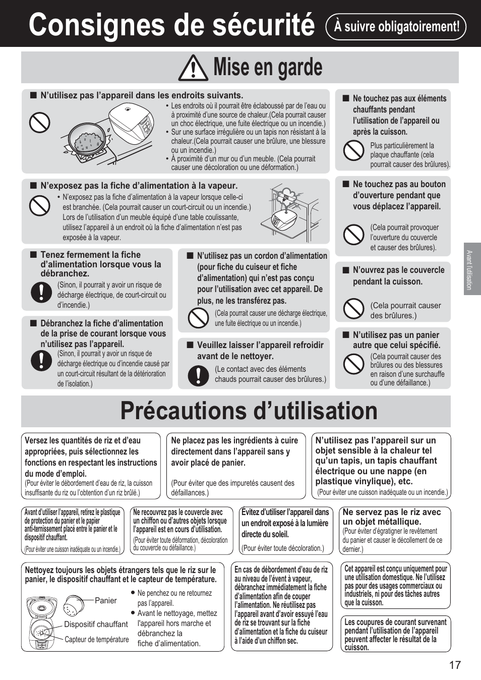 Consignes de sécurité, Précautions d’utilisation mise en garde, À suivre obligatoirement | Panasonic SR-DF181 User Manual | Page 17 / 68