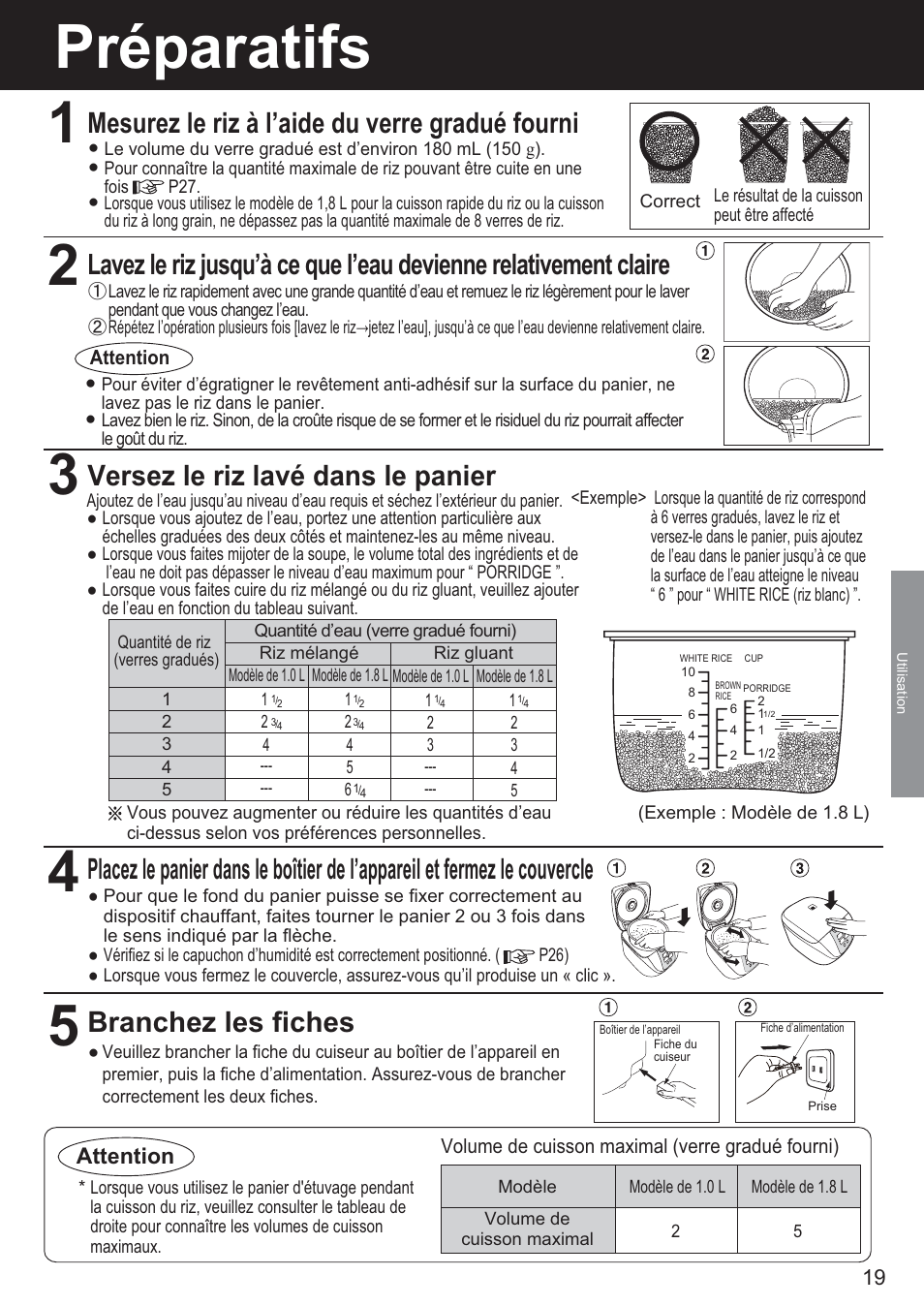 Préparatifs, Mesurez le riz à l’aide du verre gradué fourni, Versez le riz lavé dans le panier | Branchez les fiches | Panasonic SR-DF181 User Manual | Page 19 / 68