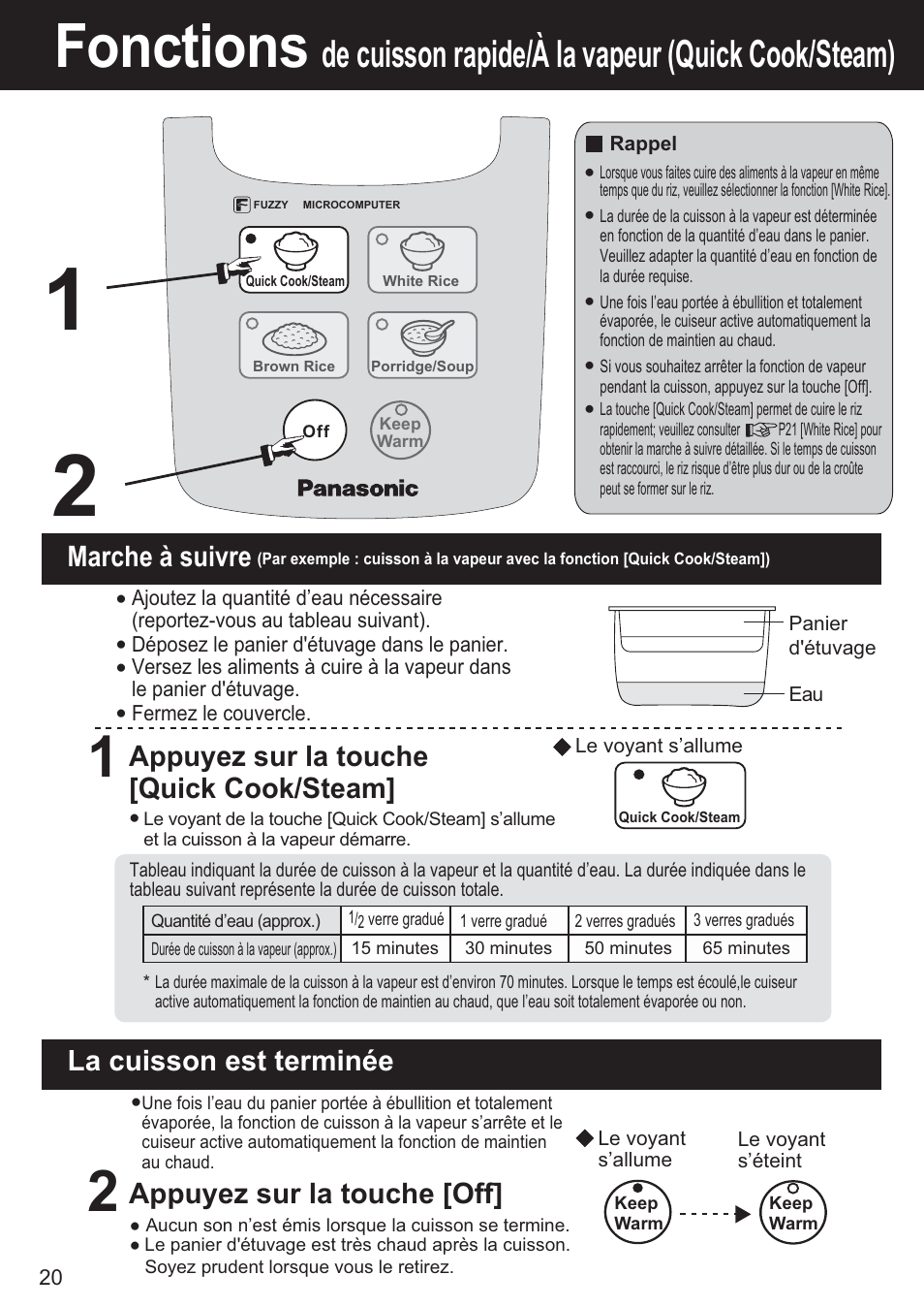Fonctions, De cuisson rapide/à la vapeur (quick cook/steam), Appuyez sur la touche [off | Marche à suivre, La cuisson est terminée, Appuyez sur la touche [quick cook/steam | Panasonic SR-DF181 User Manual | Page 20 / 68