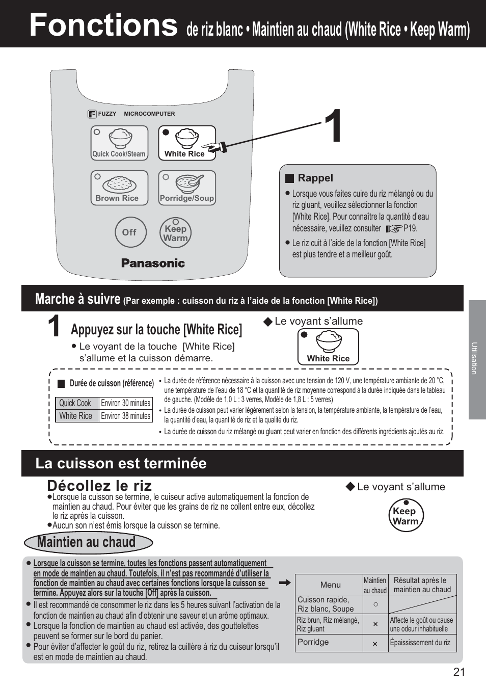 Fonctions, Appuyez sur la touche [white rice] décollez le riz, Maintien au chaud marche à suivre | La cuisson est terminée | Panasonic SR-DF181 User Manual | Page 21 / 68