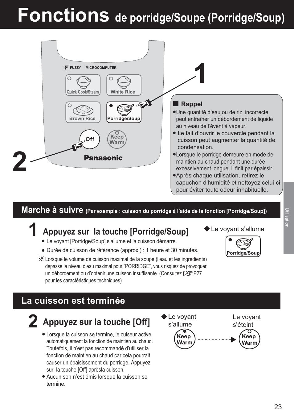 Fonctions, De porridge/soupe (porridge/soup) | Panasonic SR-DF181 User Manual | Page 23 / 68