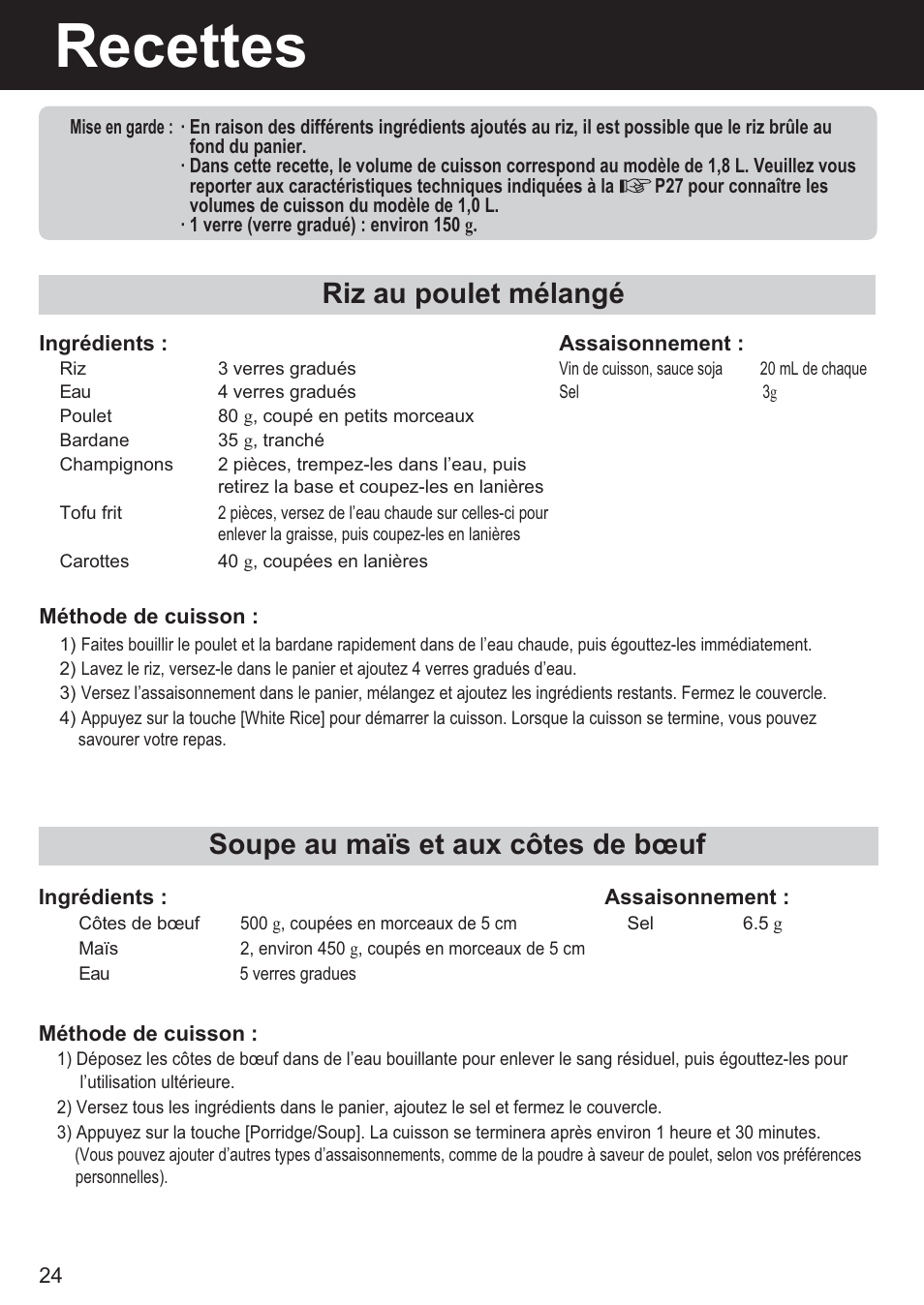Recettes, Riz au poulet mélangé, Soupe au maïs et aux côtes de bœuf | Panasonic SR-DF181 User Manual | Page 24 / 68
