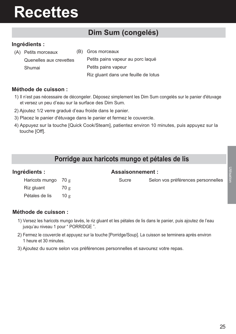 Recettes, Dim sum (congelés), Porridge aux haricots mungo et pétales de lis | Panasonic SR-DF181 User Manual | Page 25 / 68