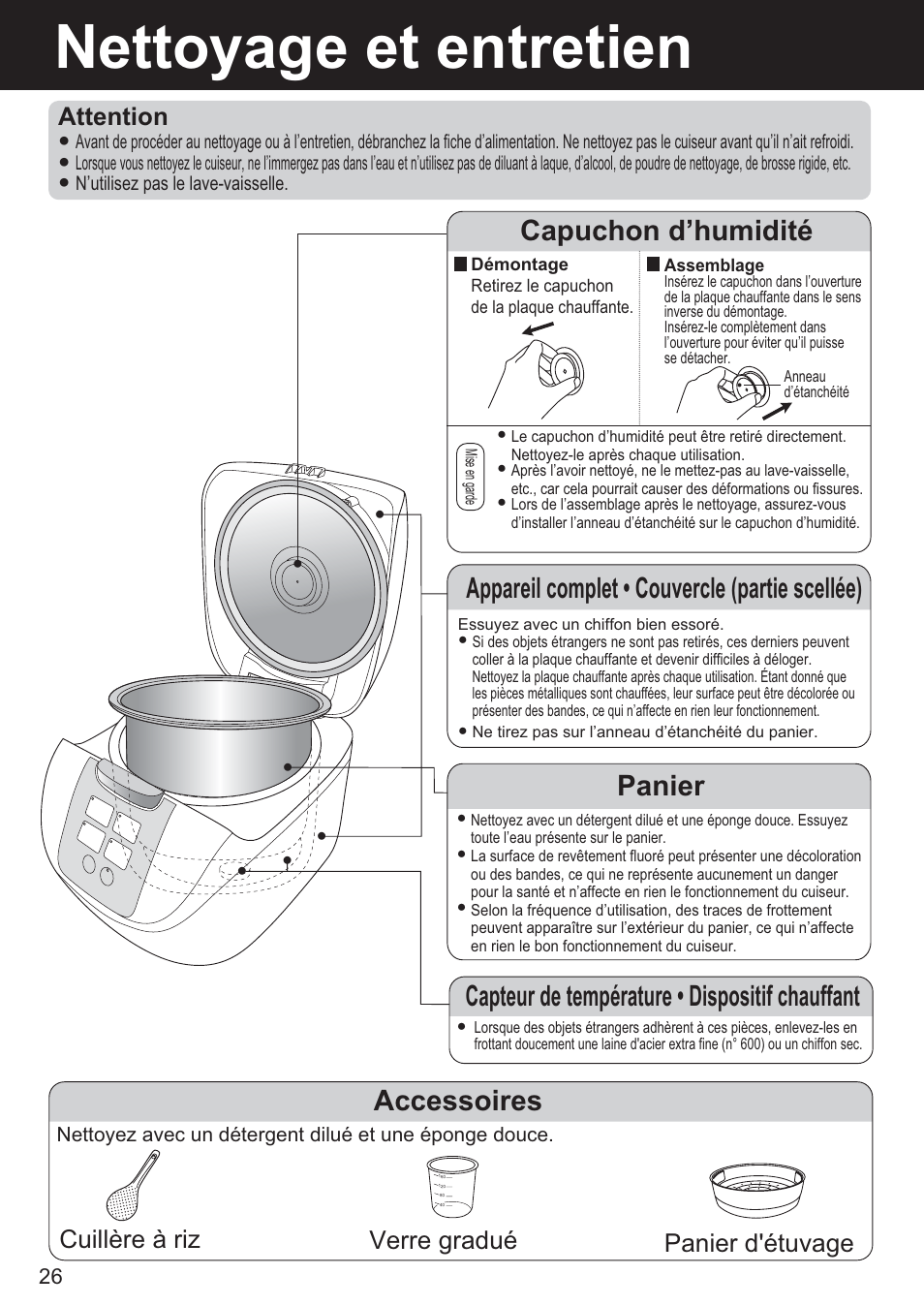 Nettoyage et entretien, Accessoires, Capuchon d’humidité | Appareil complet  couvercle (partie scellée), Cuillère à riz verre gradué, Panier d'étuvage, Attention | Panasonic SR-DF181 User Manual | Page 26 / 68