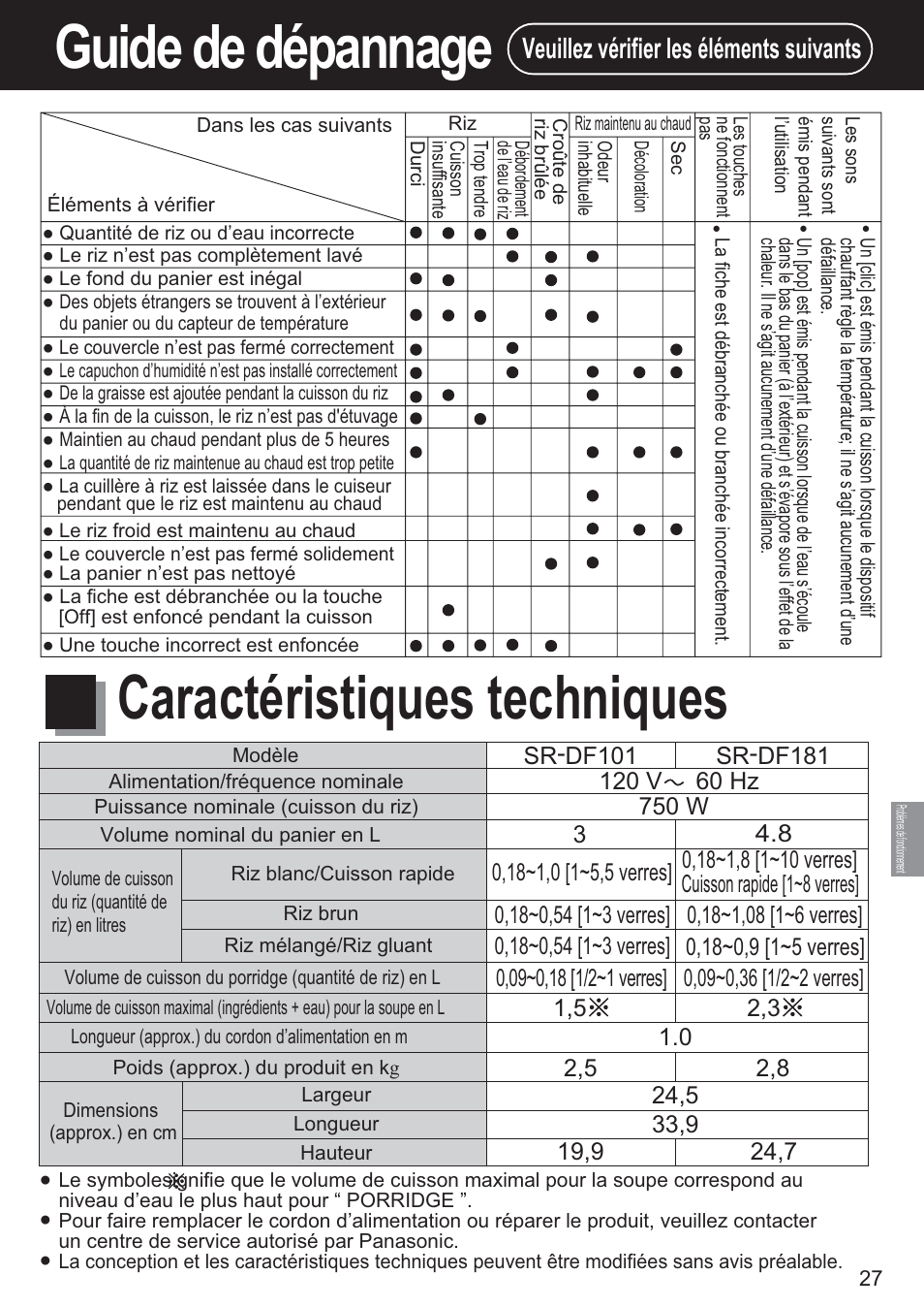 Guide de dépannage, Caractéristiques techniques, Veuillez vérifier les éléments suivants | Panasonic SR-DF181 User Manual | Page 27 / 68