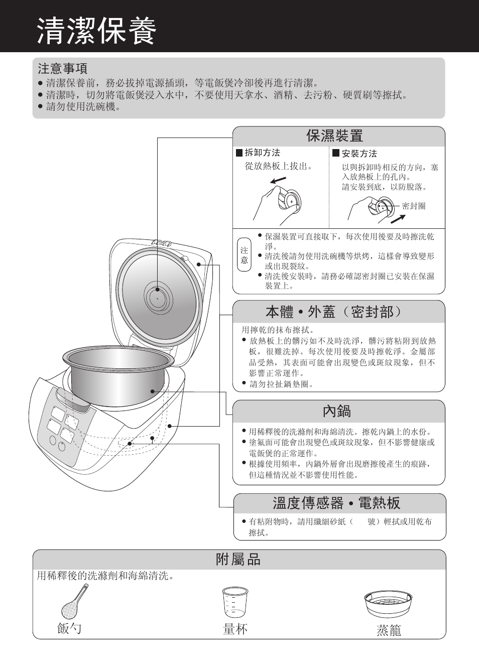 清潔保養, 溫度傳感器, 電熱板 內鍋 | 附 屬 品, 保濕裝置, 外蓋（密封部, 飯勺 量杯, 注意事項 | Panasonic SR-DF181 User Manual | Page 38 / 68