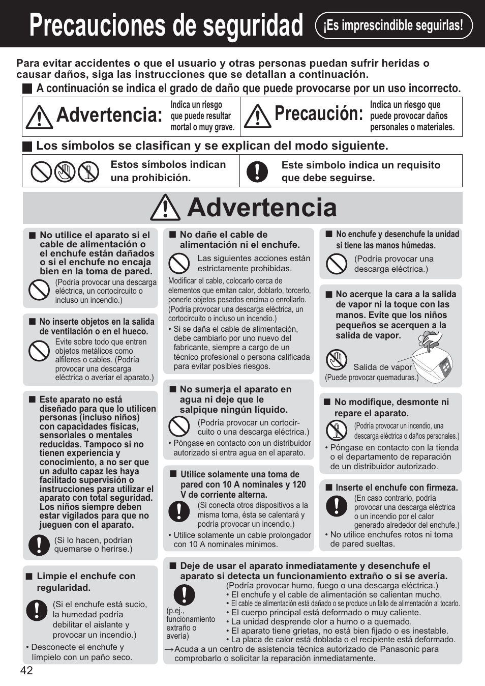 Precauciones de seguridad, Advertencia, Advertencia: precaución | Es imprescindible seguirlas | Panasonic SR-DF181 User Manual | Page 42 / 68