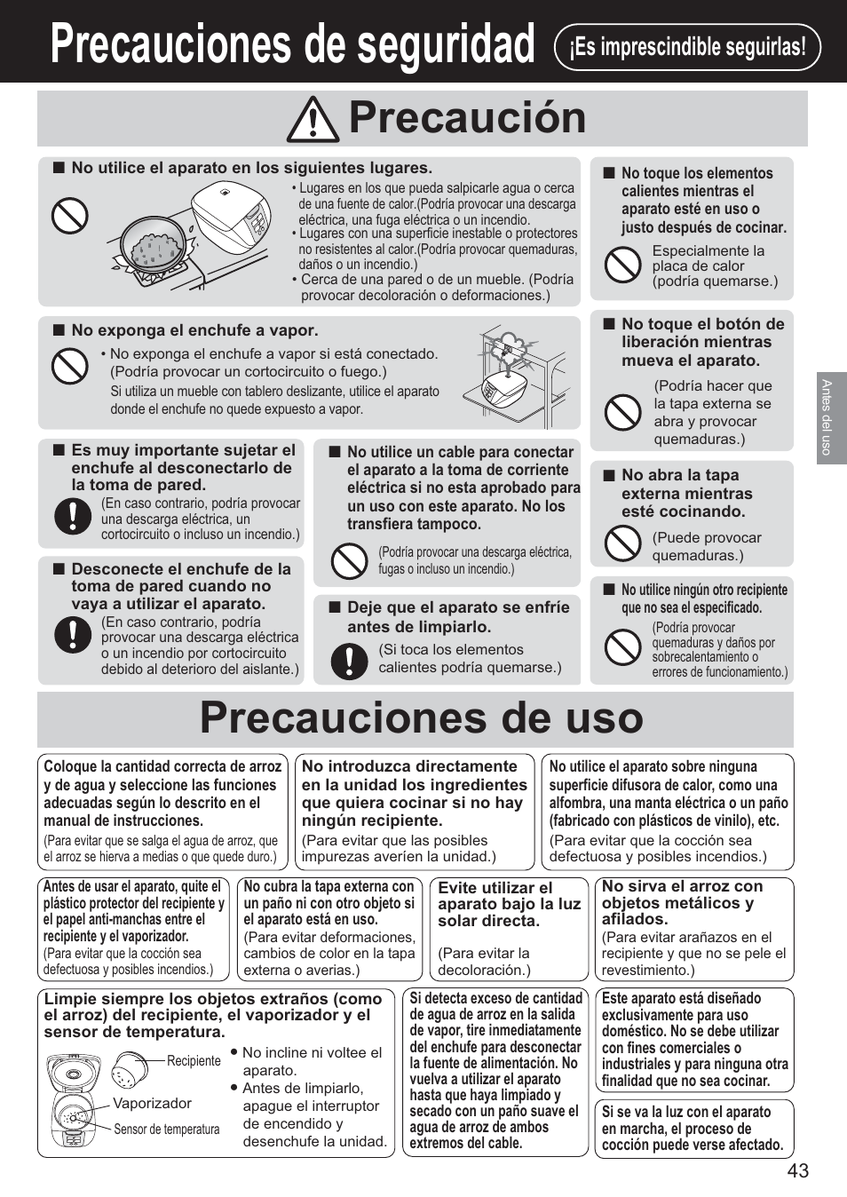 Precauciones de seguridad, Precauciones de uso precaución, Es imprescindible seguirlas | Panasonic SR-DF181 User Manual | Page 43 / 68