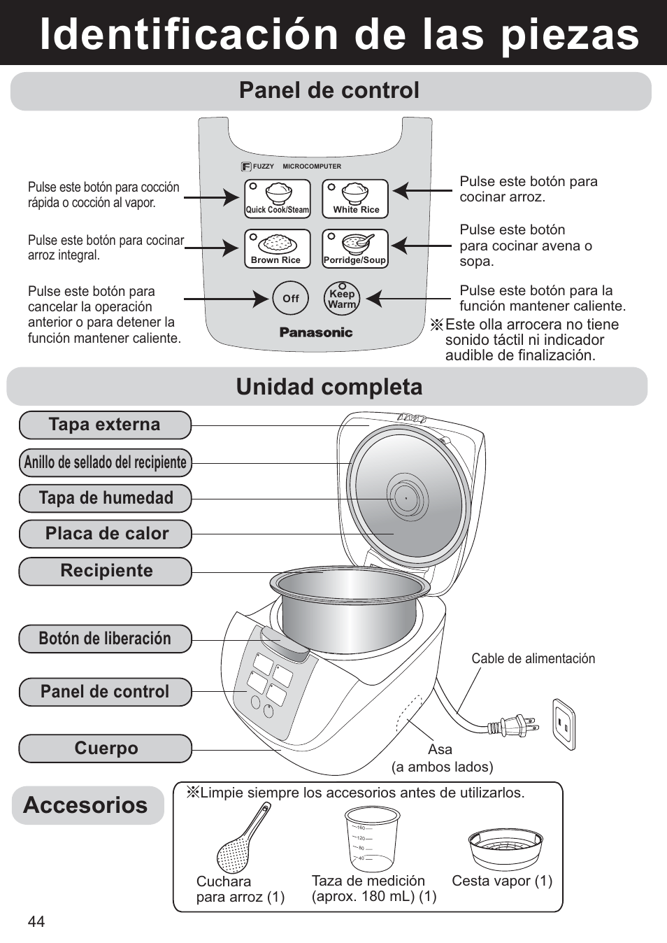 Identificación de las piezas, Accesorios, Panel de control unidad completa | Panasonic SR-DF181 User Manual | Page 44 / 68