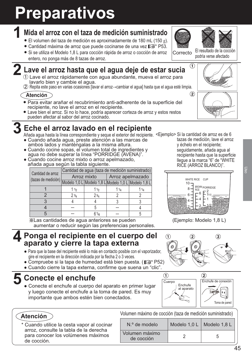 Preparativos, Mida el arroz con el taza de medición suministrado, Eche el arroz lavado en el recipiente | Conecte el enchufe | Panasonic SR-DF181 User Manual | Page 45 / 68
