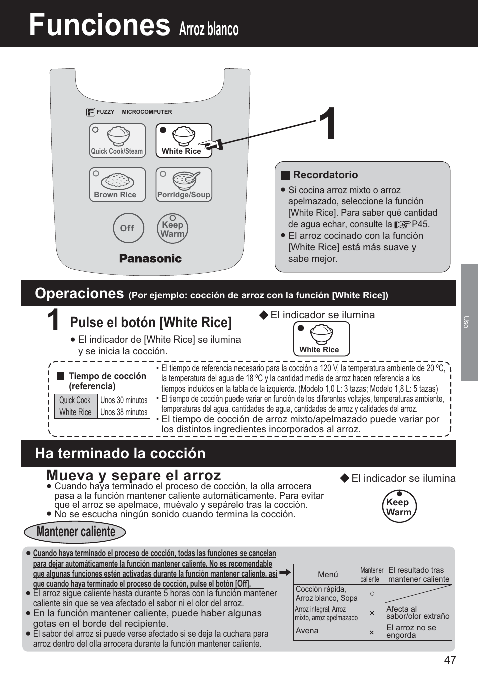 Funciones, Arroz blanco, Mantener caliente( :klwh5lfh.hhs:dup) | Mantener caliente operaciones, Ha terminado la cocción | Panasonic SR-DF181 User Manual | Page 47 / 68