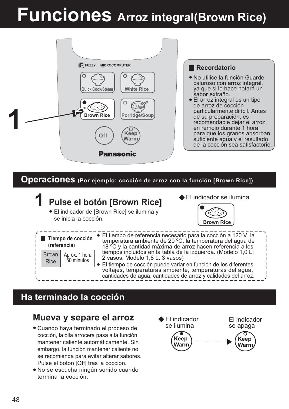 Funciones, Arroz integral(brown rice), Operaciones | Ha terminado la cocción | Panasonic SR-DF181 User Manual | Page 48 / 68