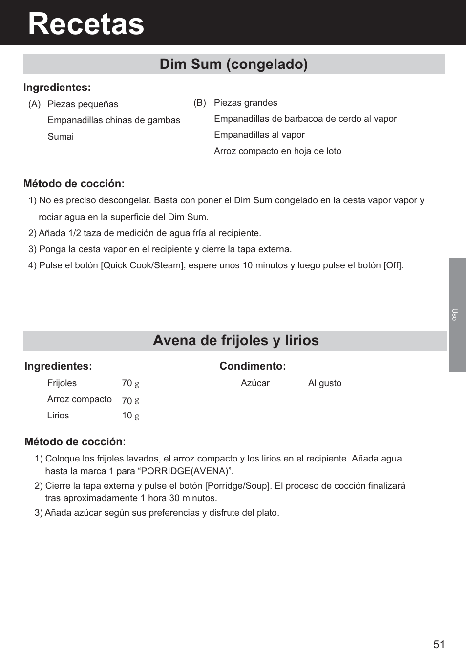 Recetas, Dim sum (congelado), Avena de frijoles y lirios | Panasonic SR-DF181 User Manual | Page 51 / 68