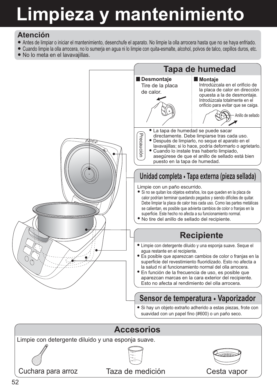 Limpieza y mantenimiento, Sensor de temperatura, Vaporizador recipiente | Accesorios, Tapa de humedad, Unidad completa, Tapa externa (pieza sellada), Cuchara para arroz taza de medición, Cesta vapor, Atención | Panasonic SR-DF181 User Manual | Page 52 / 68