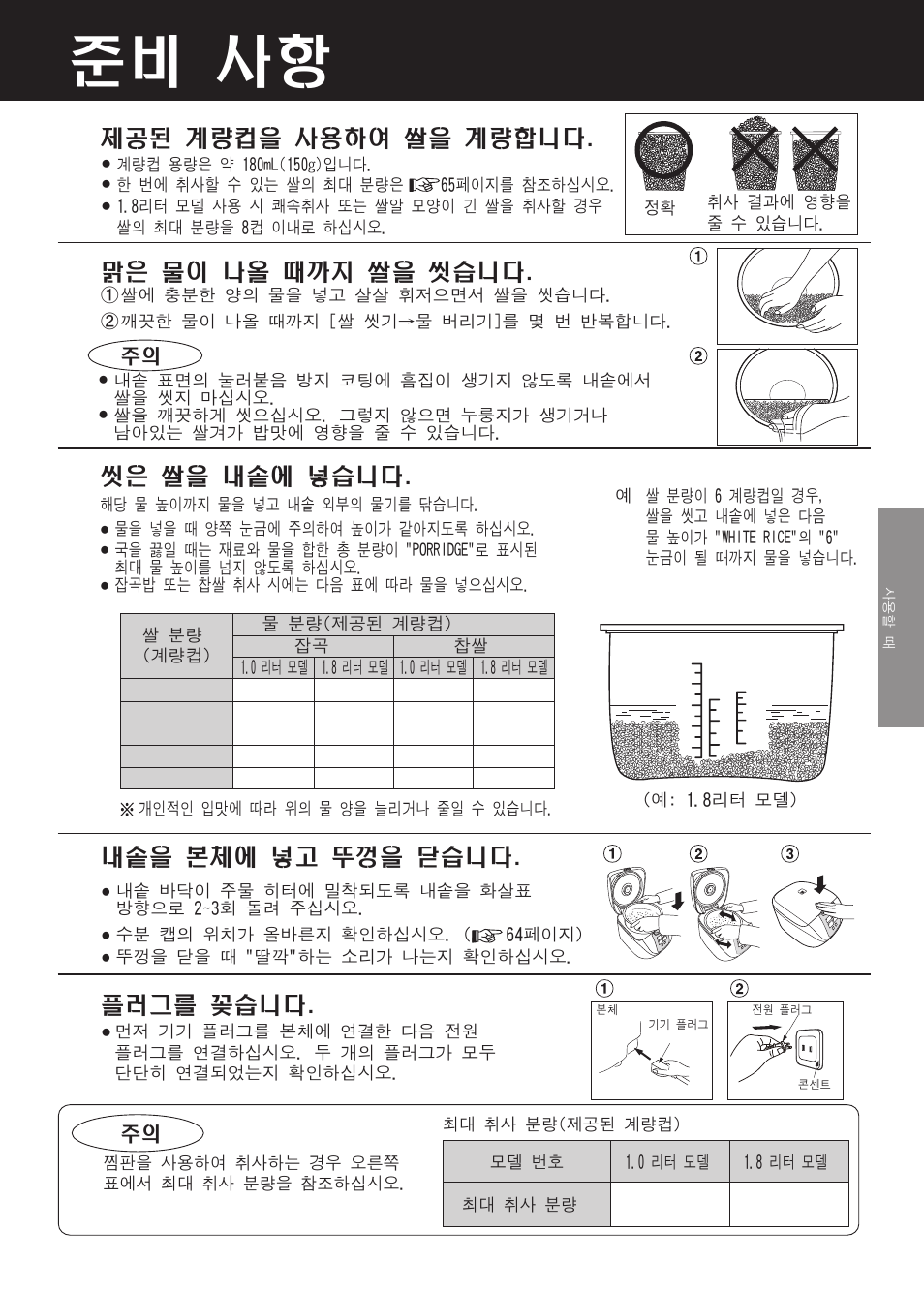 준비 사항, 제공된 계량컵을 사용하여 쌀을 계량합니다, 맑은 물이 나올 때까지 쌀을 씻습니다 | 씻은 쌀을 내솥에 넣습니다, 내솥을 본체에 넣고 뚜껑을 닫습니다, 플러그를 꽂습니다 | Panasonic SR-DF181 User Manual | Page 57 / 68