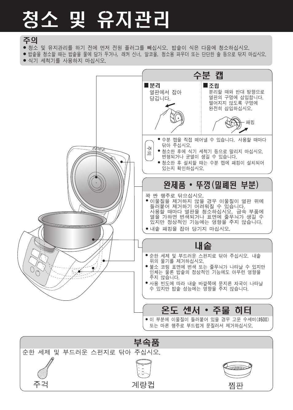 청소 및 유지관리, 온도 센서 • 주물 히터 내솥, 수분 캡 | 완제품 • 뚜껑(밀폐된 부분), 주걱 계량컵 | Panasonic SR-DF181 User Manual | Page 64 / 68