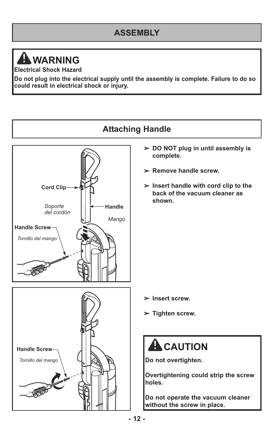 Warning, Caution, Assembly | Attaching handle | Panasonic MC-UL815 User Manual | Page 12 / 68