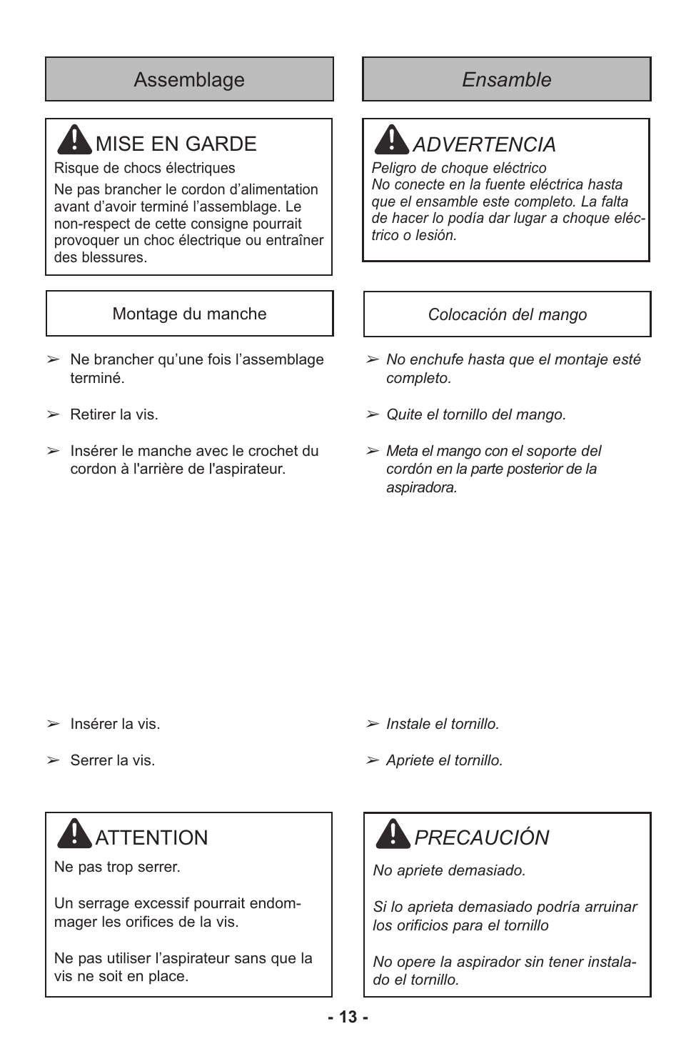 Assemblage mise en garde, Ensamble advertencia, Attention | Precaución | Panasonic MC-UL815 User Manual | Page 13 / 68
