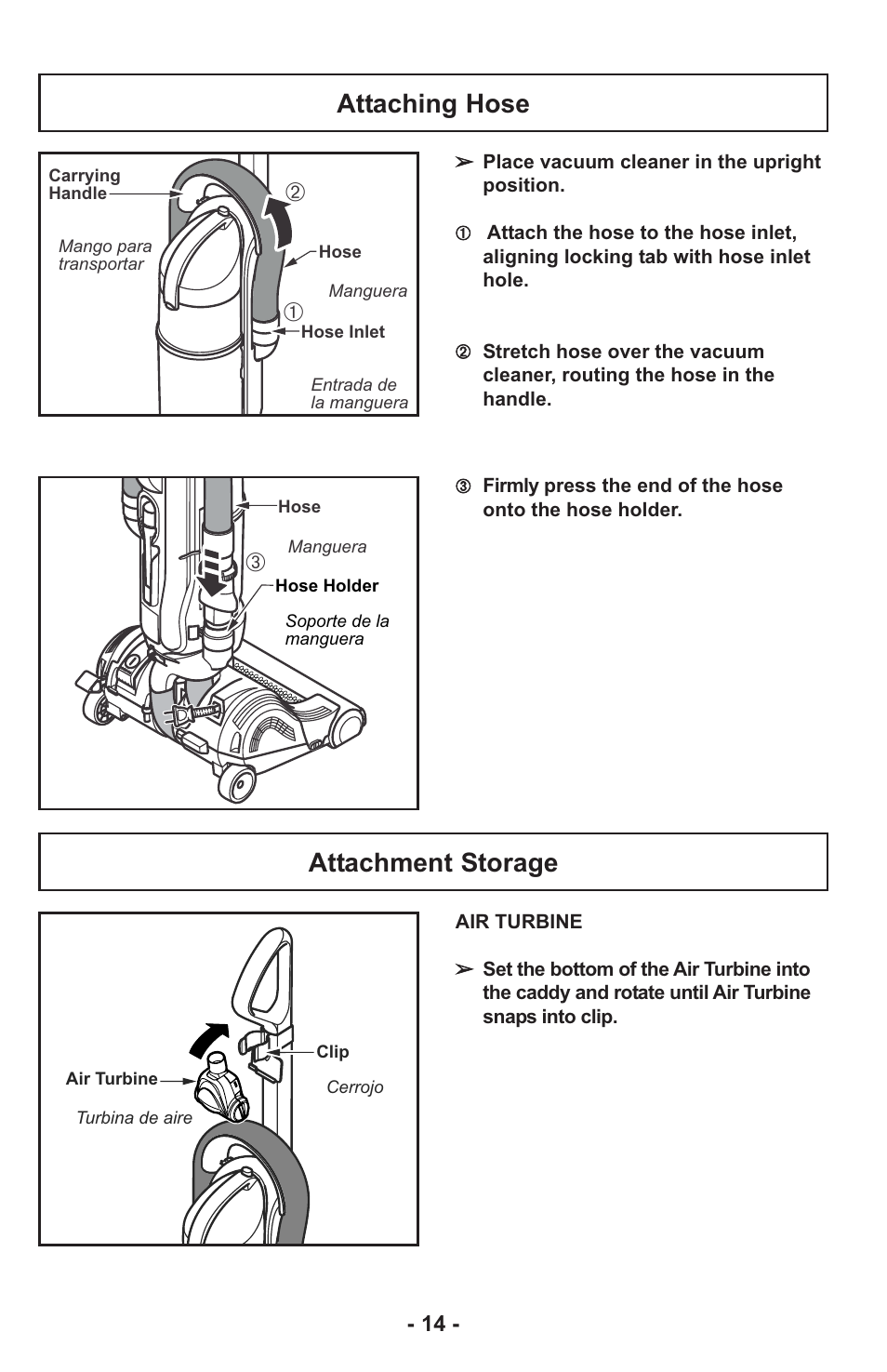 Attaching hose, Attachment storage | Panasonic MC-UL815 User Manual | Page 14 / 68