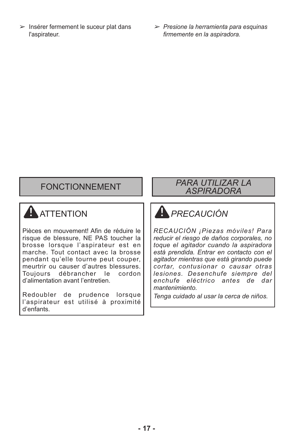 Precaución, Attention, Fonctionnement para utilizar la aspiradora | Panasonic MC-UL815 User Manual | Page 17 / 68