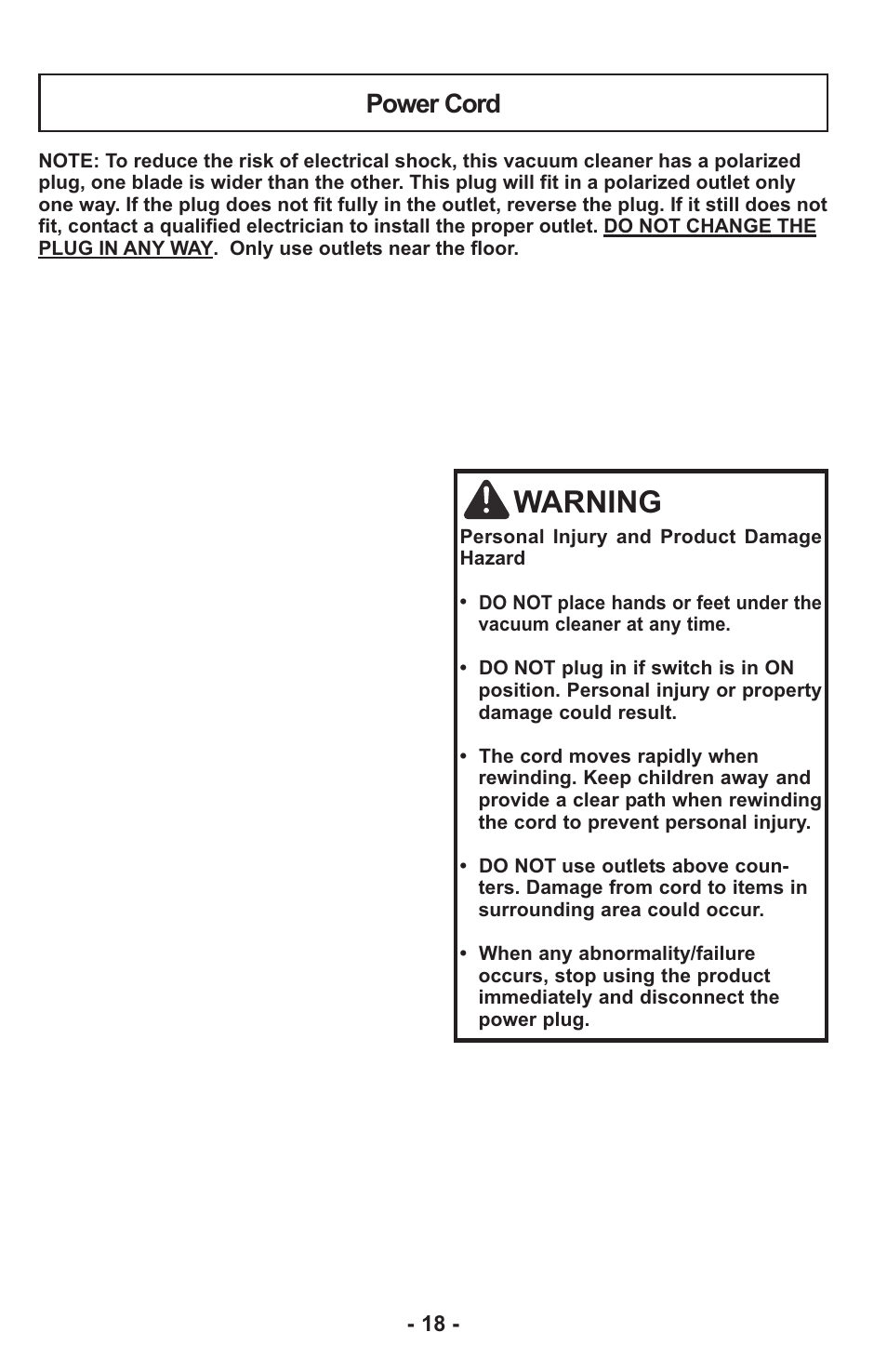 Warning, Power cord | Panasonic MC-UL815 User Manual | Page 18 / 68