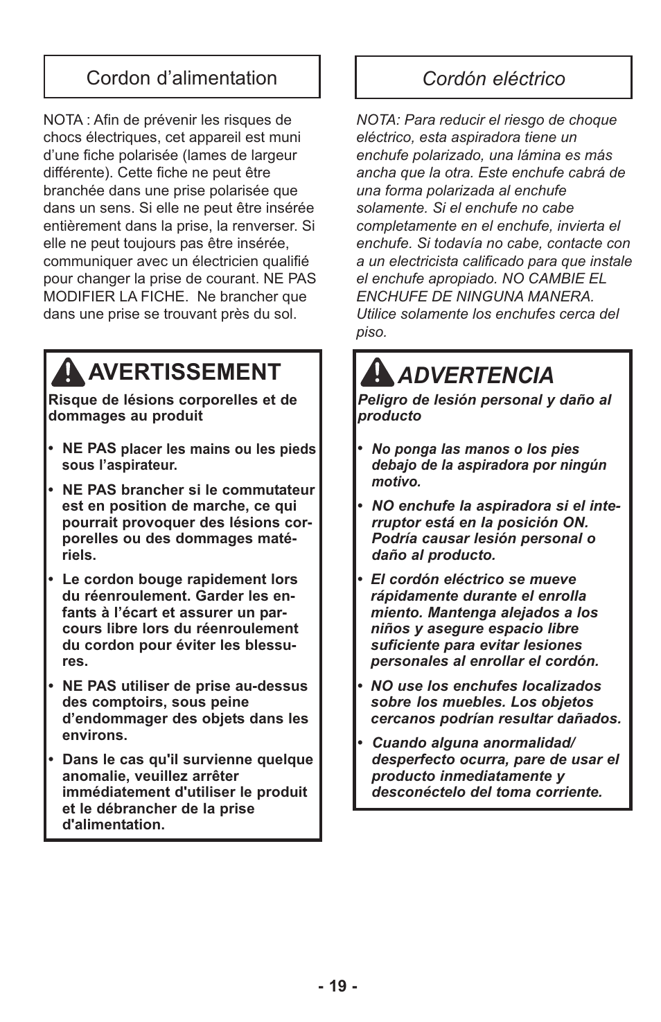 Avertissement, Advertencia, Cordon d’alimentation cordón eléctrico | Panasonic MC-UL815 User Manual | Page 19 / 68