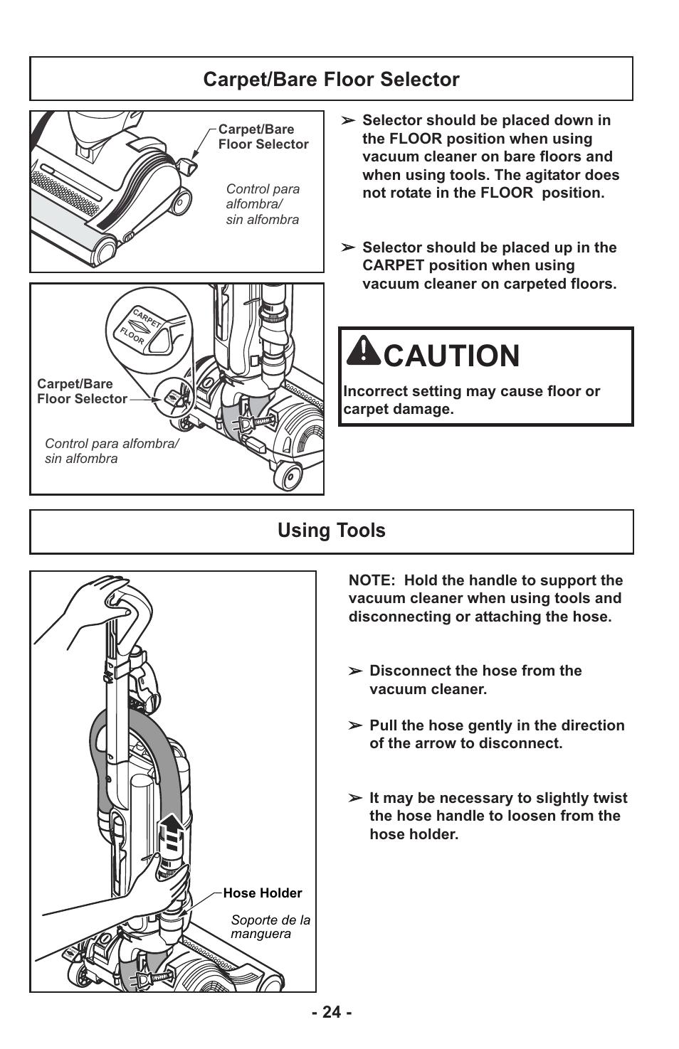 Caution, Using tools, Carpet/bare floor selector | Panasonic MC-UL815 User Manual | Page 24 / 68