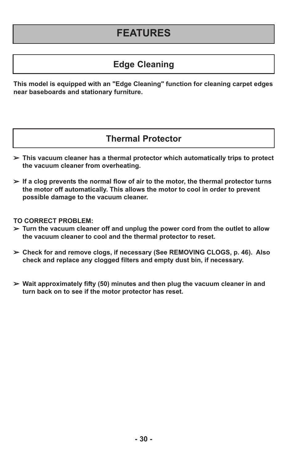 Features, Edge cleaning, Thermal protector | Panasonic MC-UL815 User Manual | Page 30 / 68