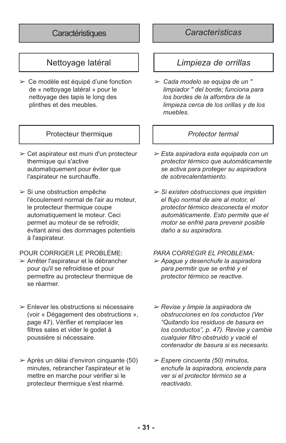 Características caractéristiques, Nettoyage latéral limpieza de orrillas | Panasonic MC-UL815 User Manual | Page 31 / 68