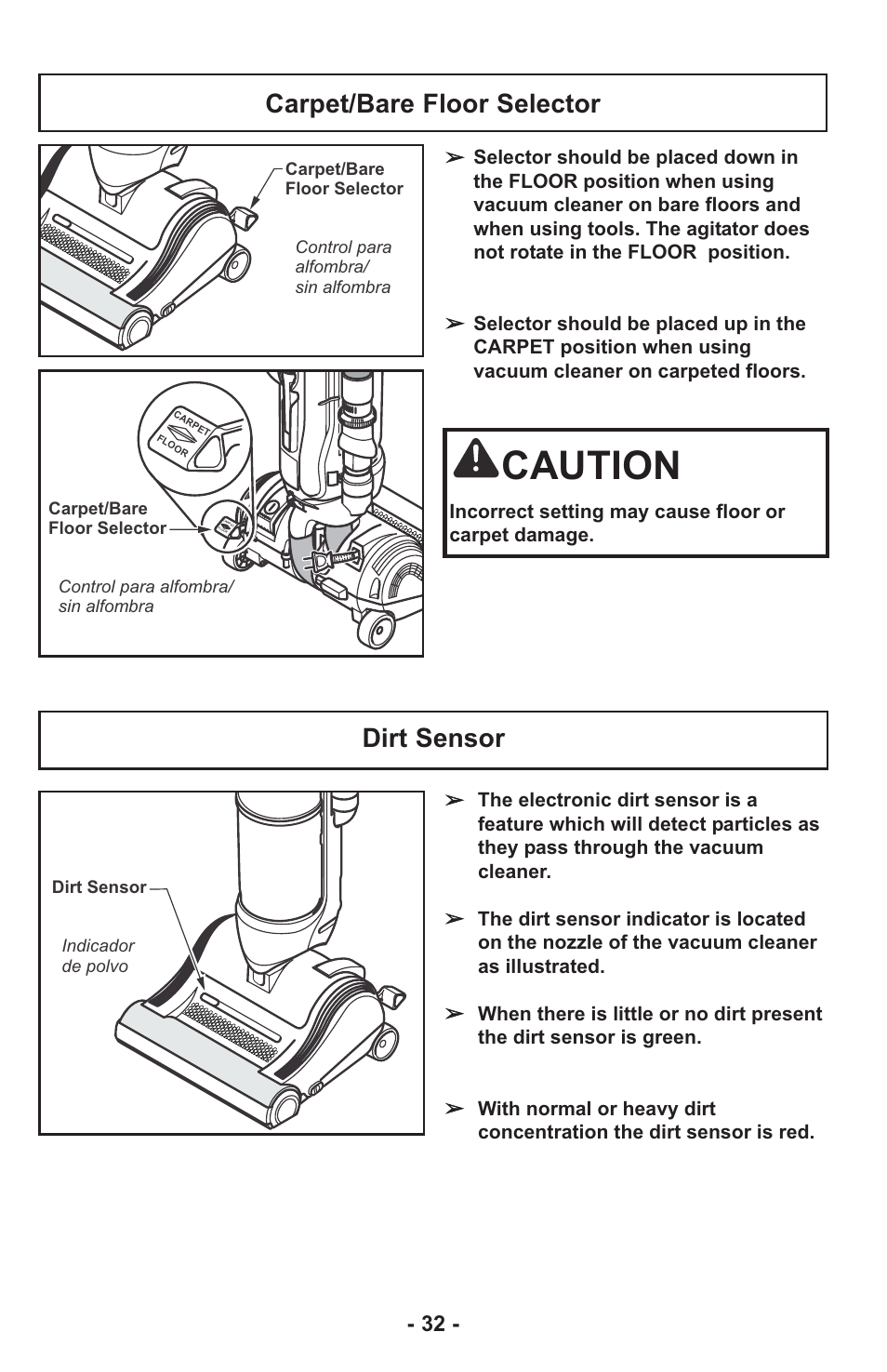 Caution, Carpet/bare floor selector, Dirt sensor | Panasonic MC-UL815 User Manual | Page 32 / 68