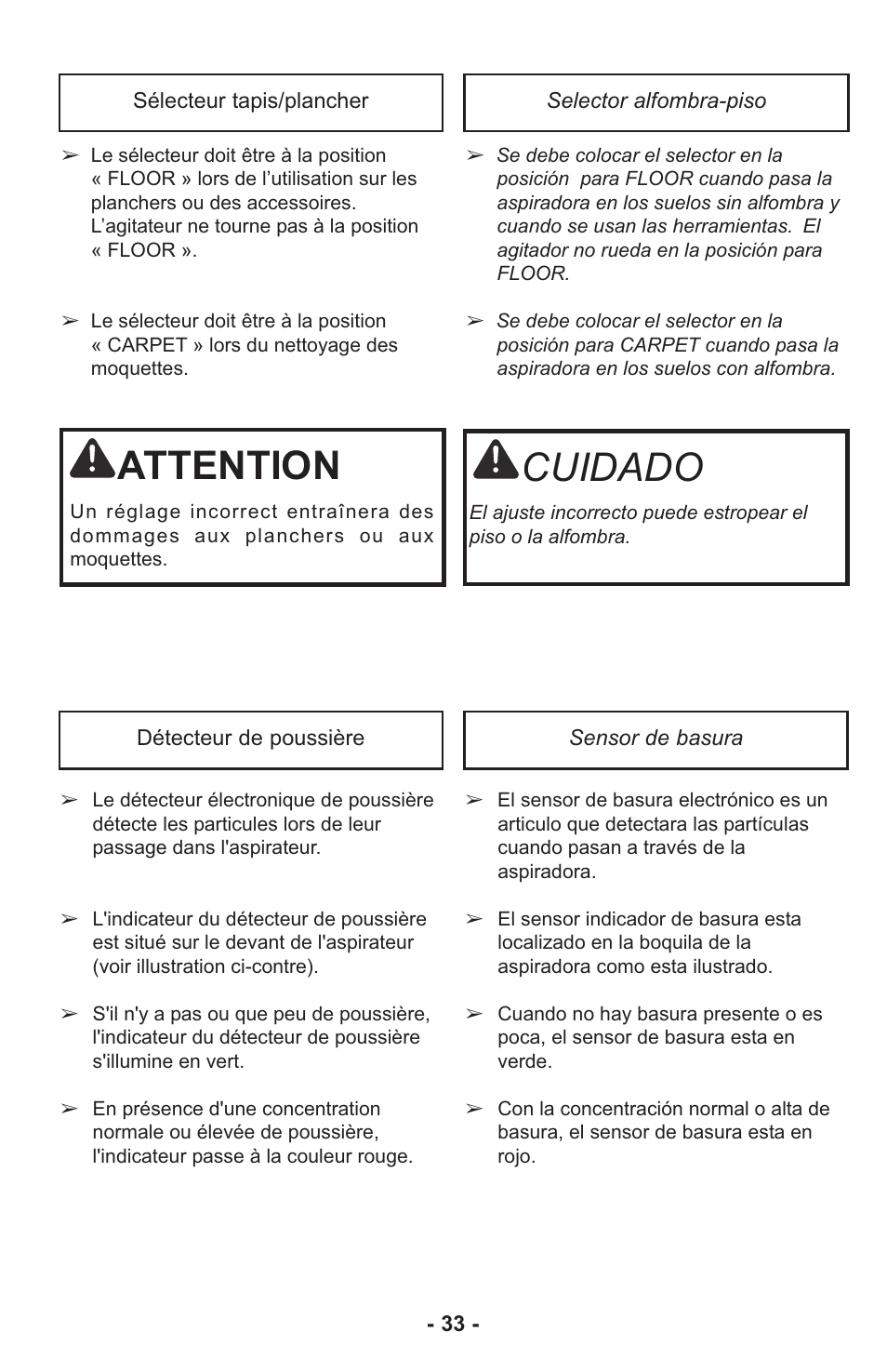 Attention, Cuidado | Panasonic MC-UL815 User Manual | Page 33 / 68