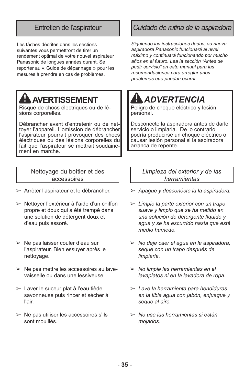 Avertissement, Advertencia | Panasonic MC-UL815 User Manual | Page 35 / 68