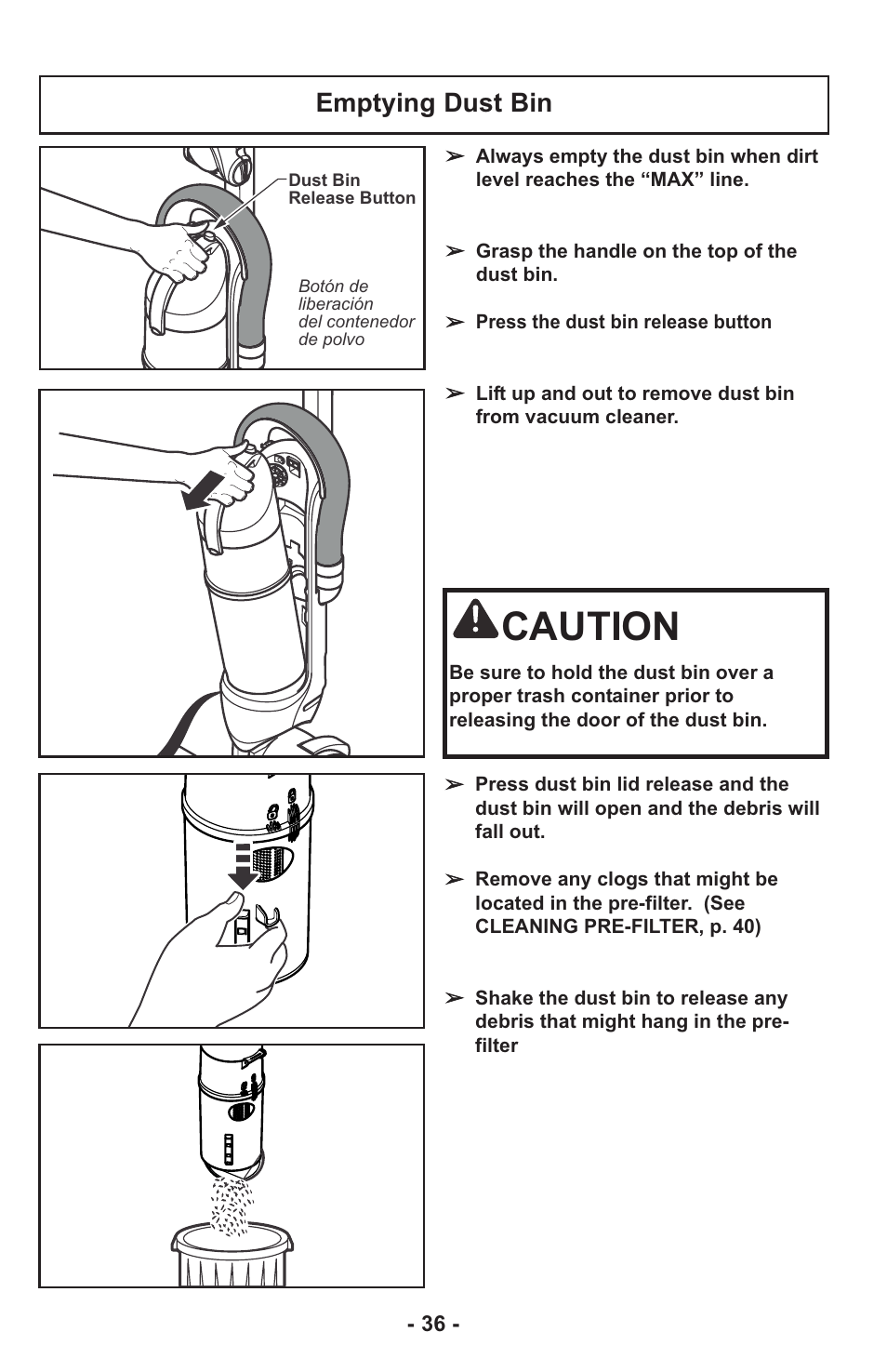 Caution, Emptying dust bin | Panasonic MC-UL815 User Manual | Page 36 / 68