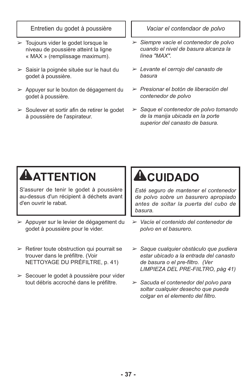 Attention, Cuidado | Panasonic MC-UL815 User Manual | Page 37 / 68