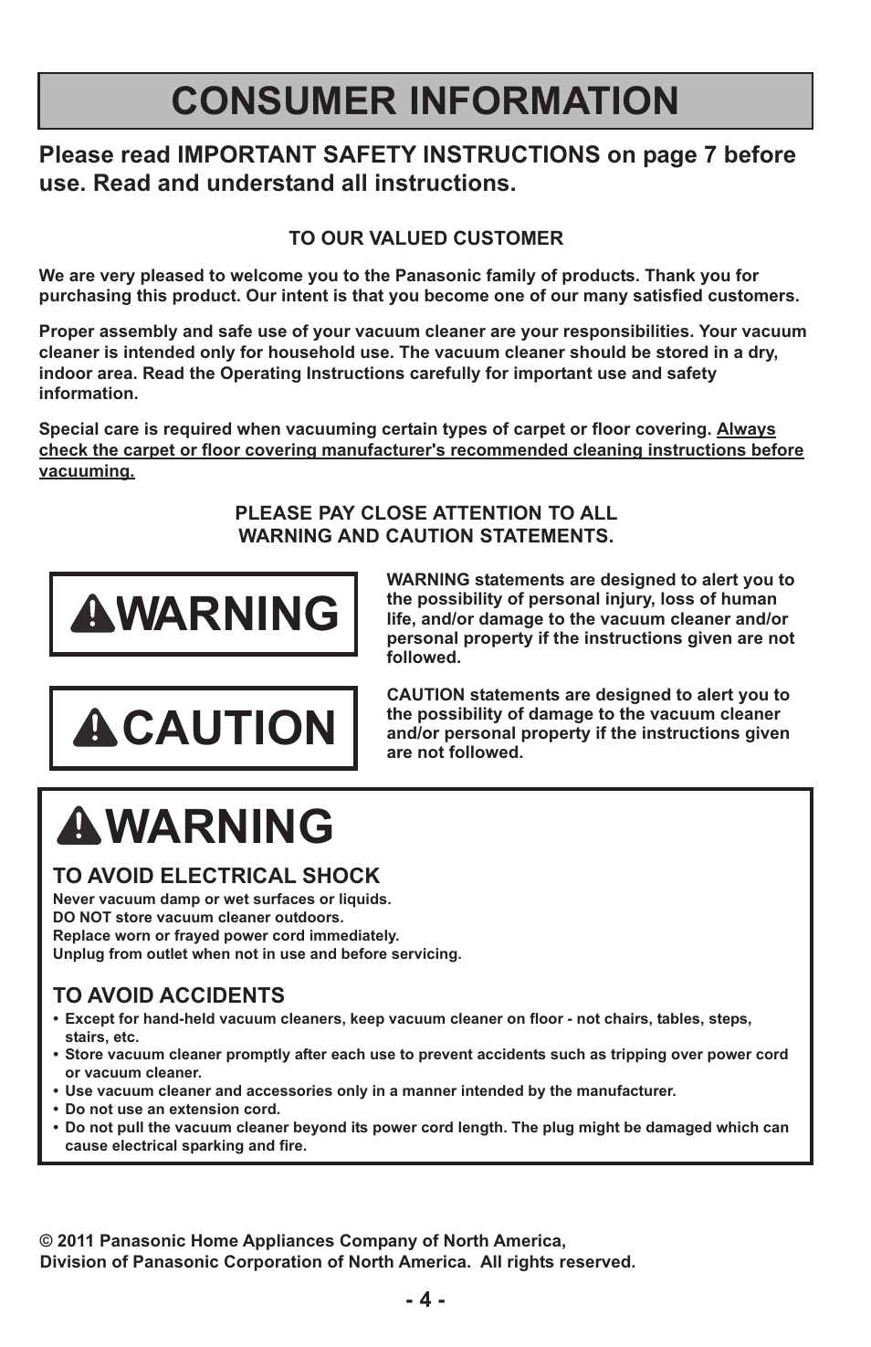 Warning, Caution, Consumer information | Panasonic MC-UL815 User Manual | Page 4 / 68