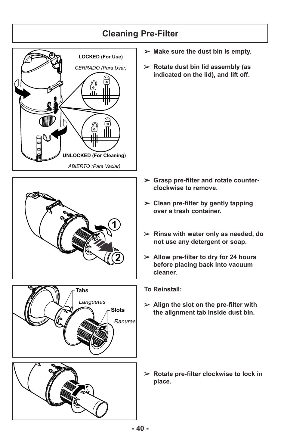 Cleaning pre-filter | Panasonic MC-UL815 User Manual | Page 40 / 68