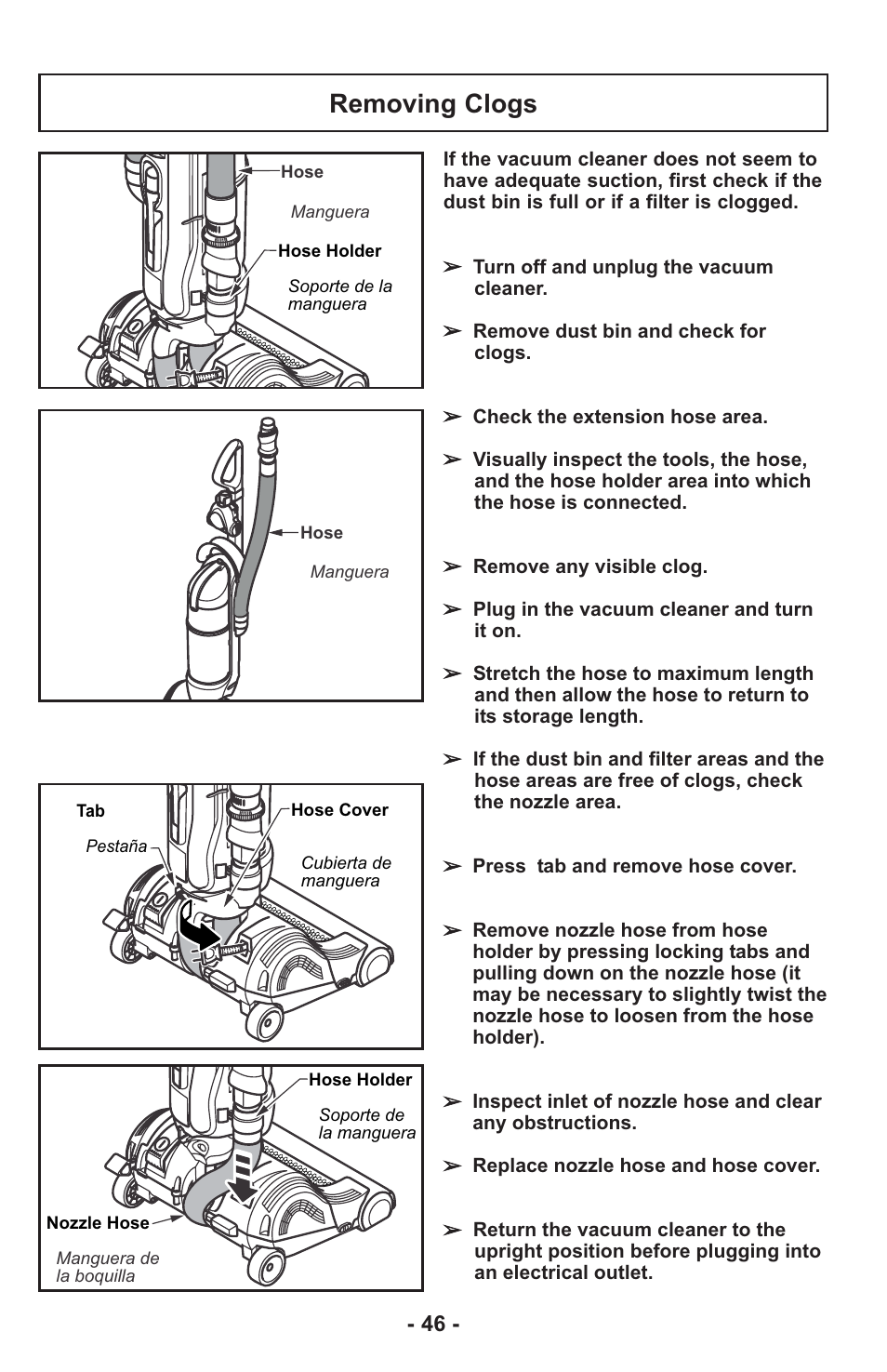 Removing clogs | Panasonic MC-UL815 User Manual | Page 46 / 68