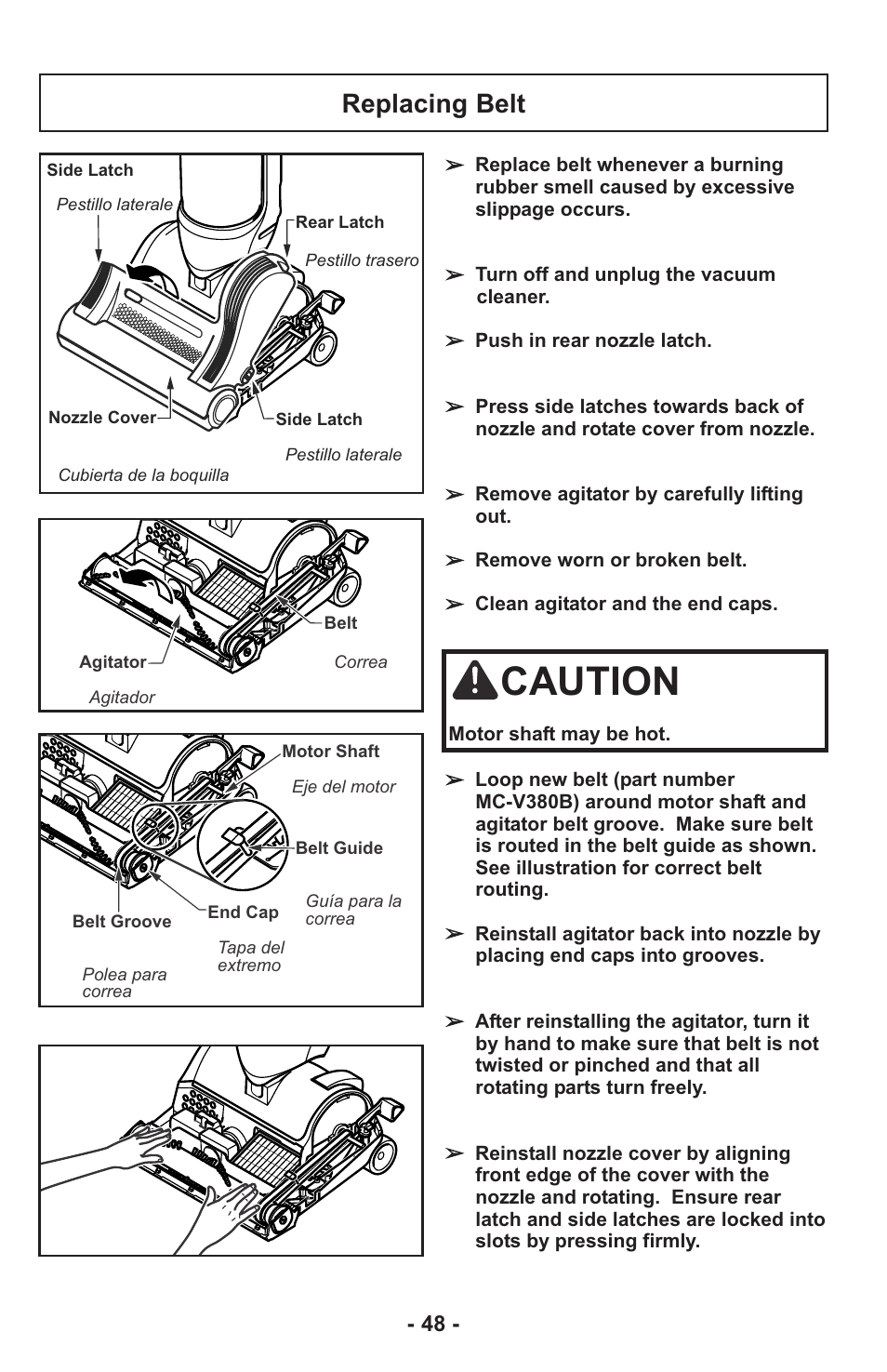 Caution, Replacing belt | Panasonic MC-UL815 User Manual | Page 48 / 68
