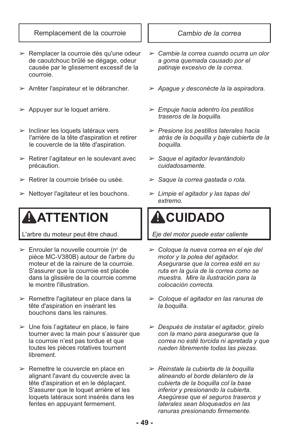 Attention, Cuidado | Panasonic MC-UL815 User Manual | Page 49 / 68