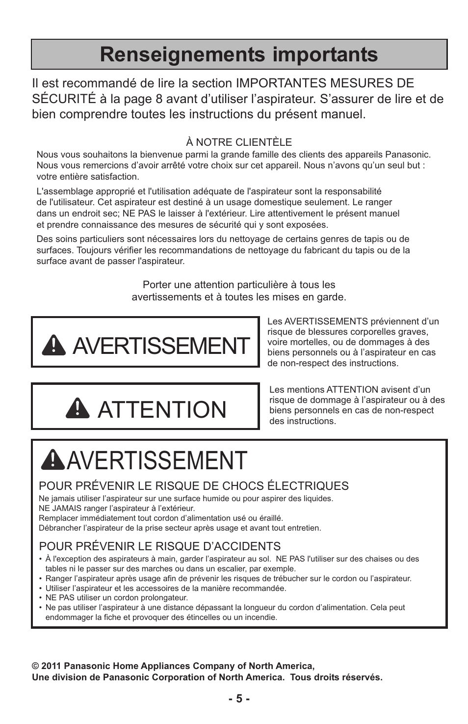 Avertissement, Attention, Renseignements importants | Panasonic MC-UL815 User Manual | Page 5 / 68