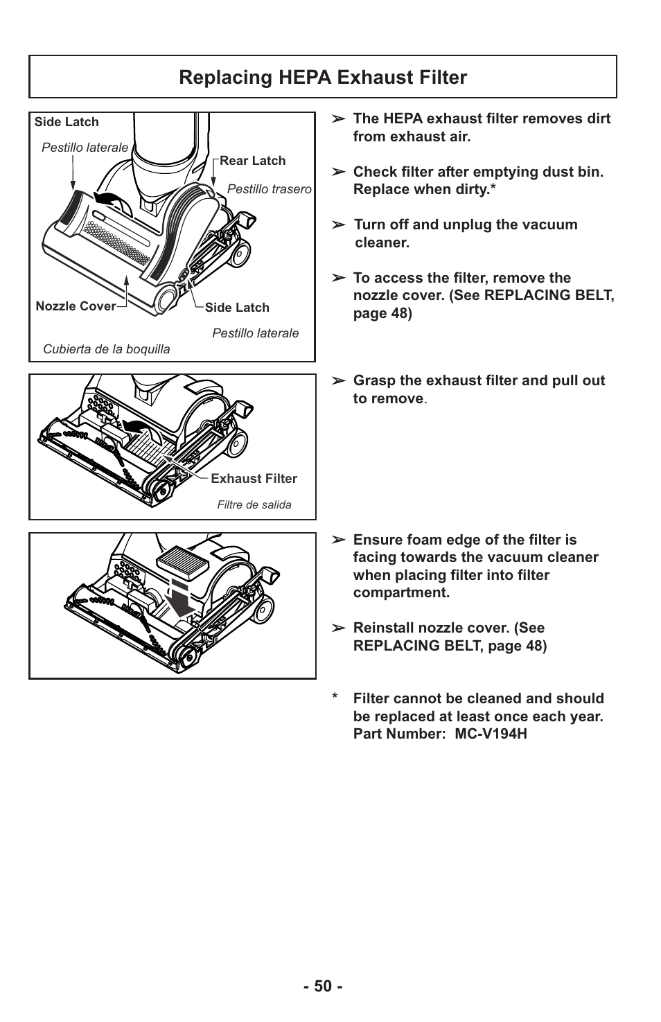 Replacing hepa exhaust filter | Panasonic MC-UL815 User Manual | Page 50 / 68
