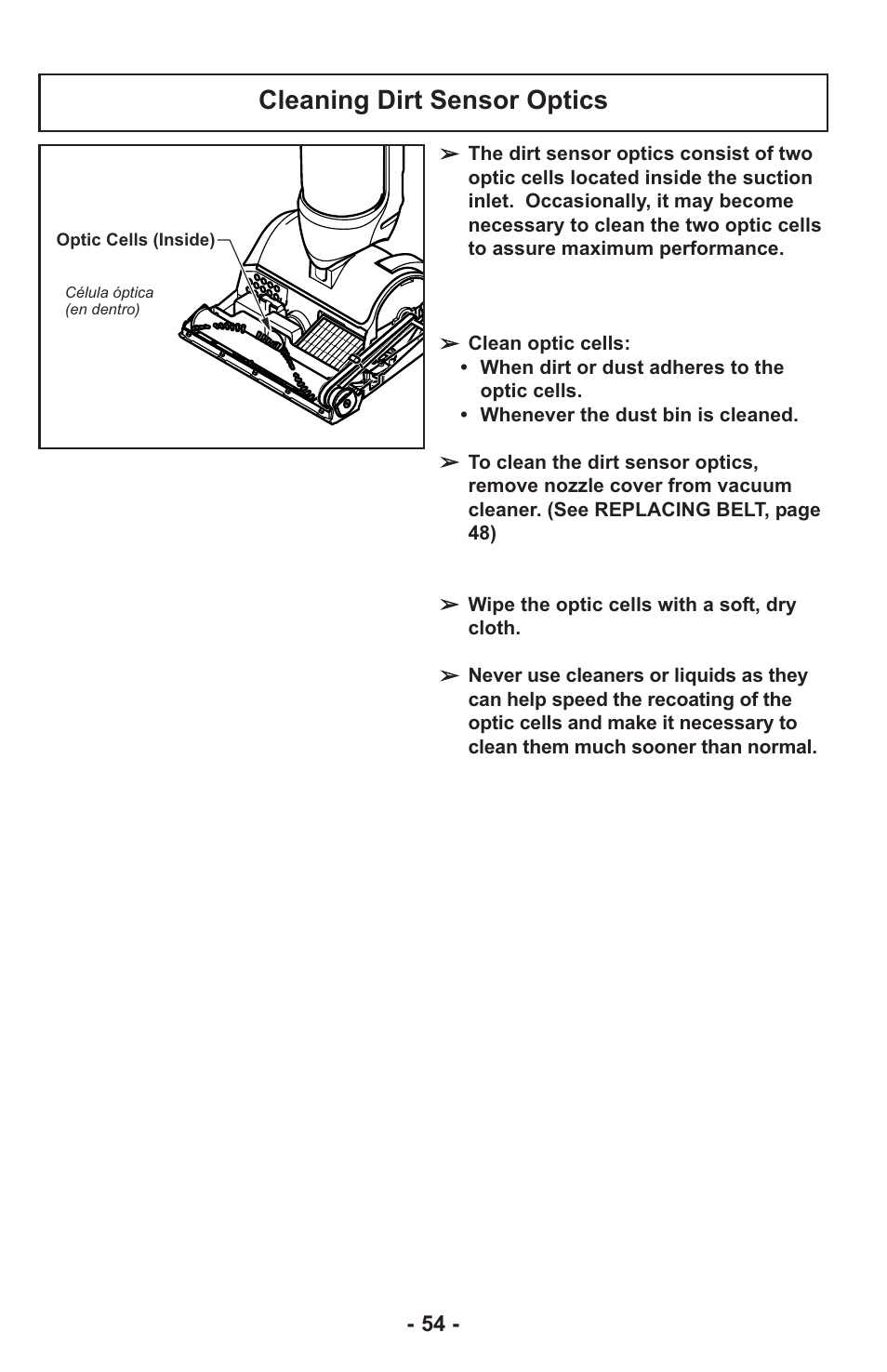 Cleaning dirt sensor optics | Panasonic MC-UL815 User Manual | Page 54 / 68