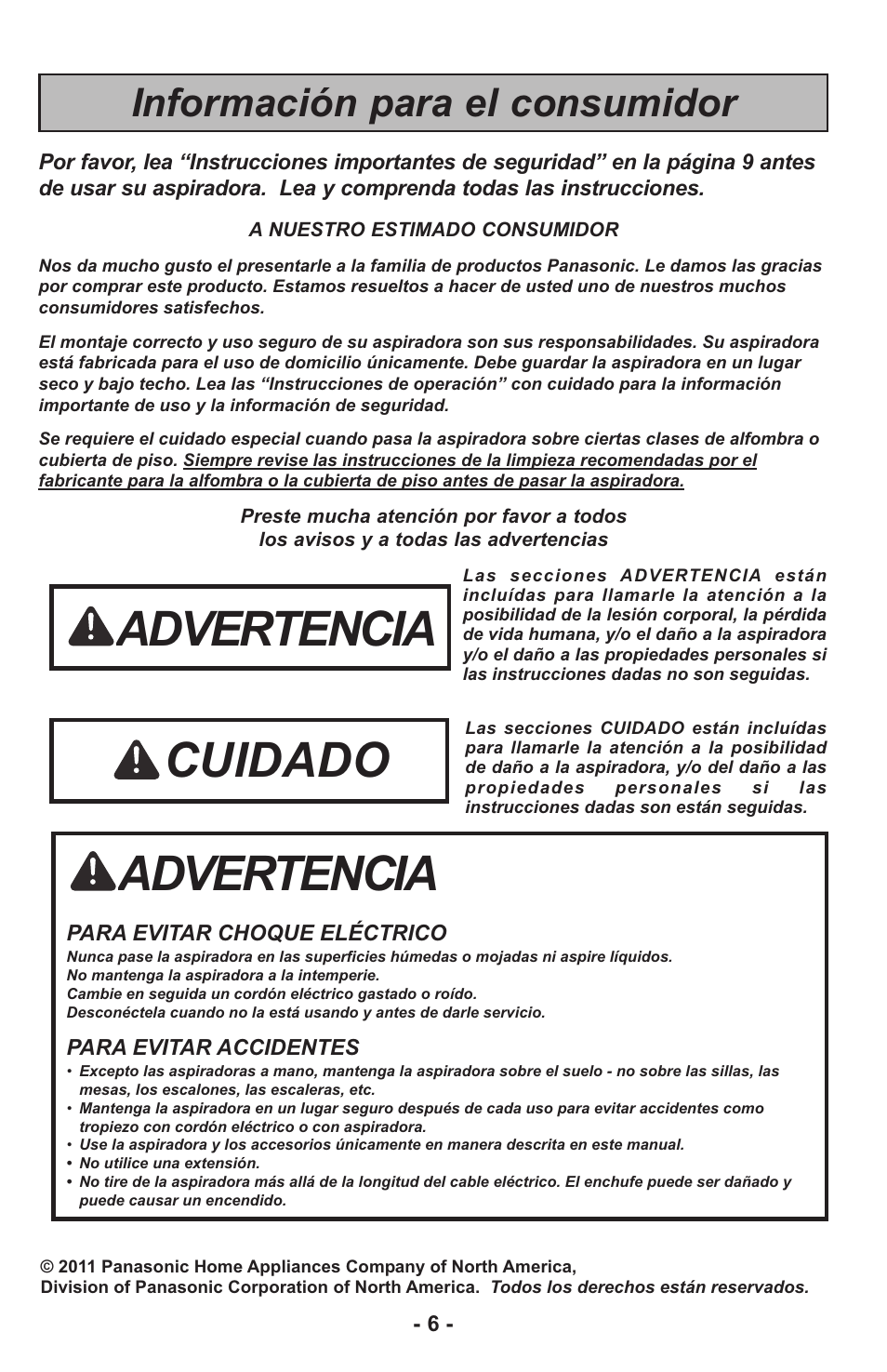 Advertencia, Cuidado, Información para el consumidor | Panasonic MC-UL815 User Manual | Page 6 / 68