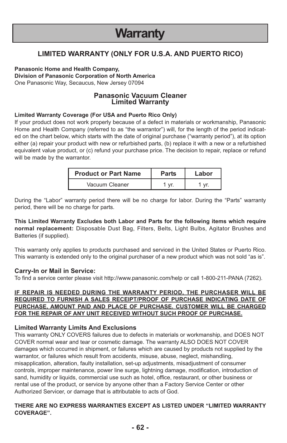 Warranty | Panasonic MC-UL815 User Manual | Page 62 / 68